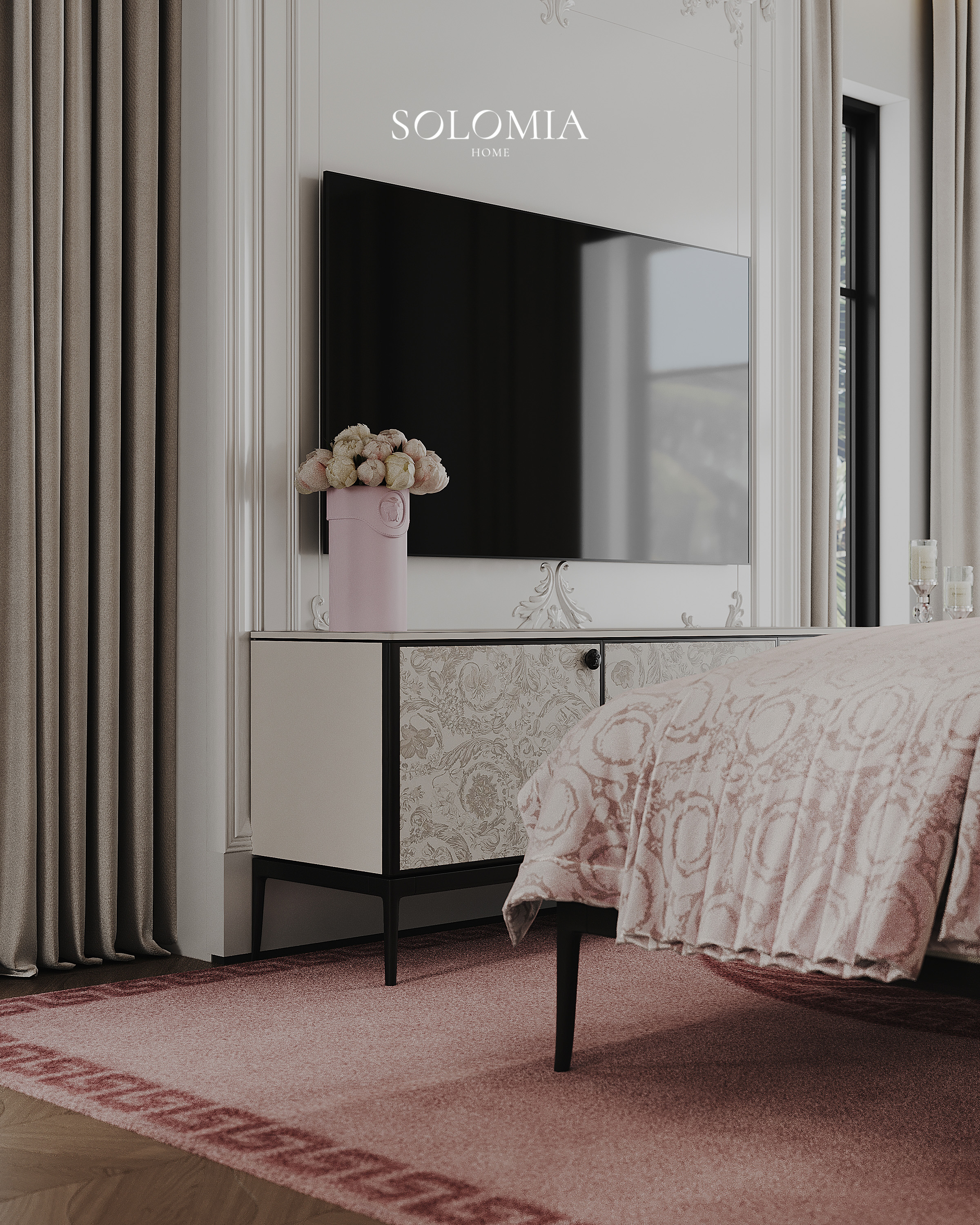 TV console with Versace bedspread, Versace Villa — luxury interior design Dubai