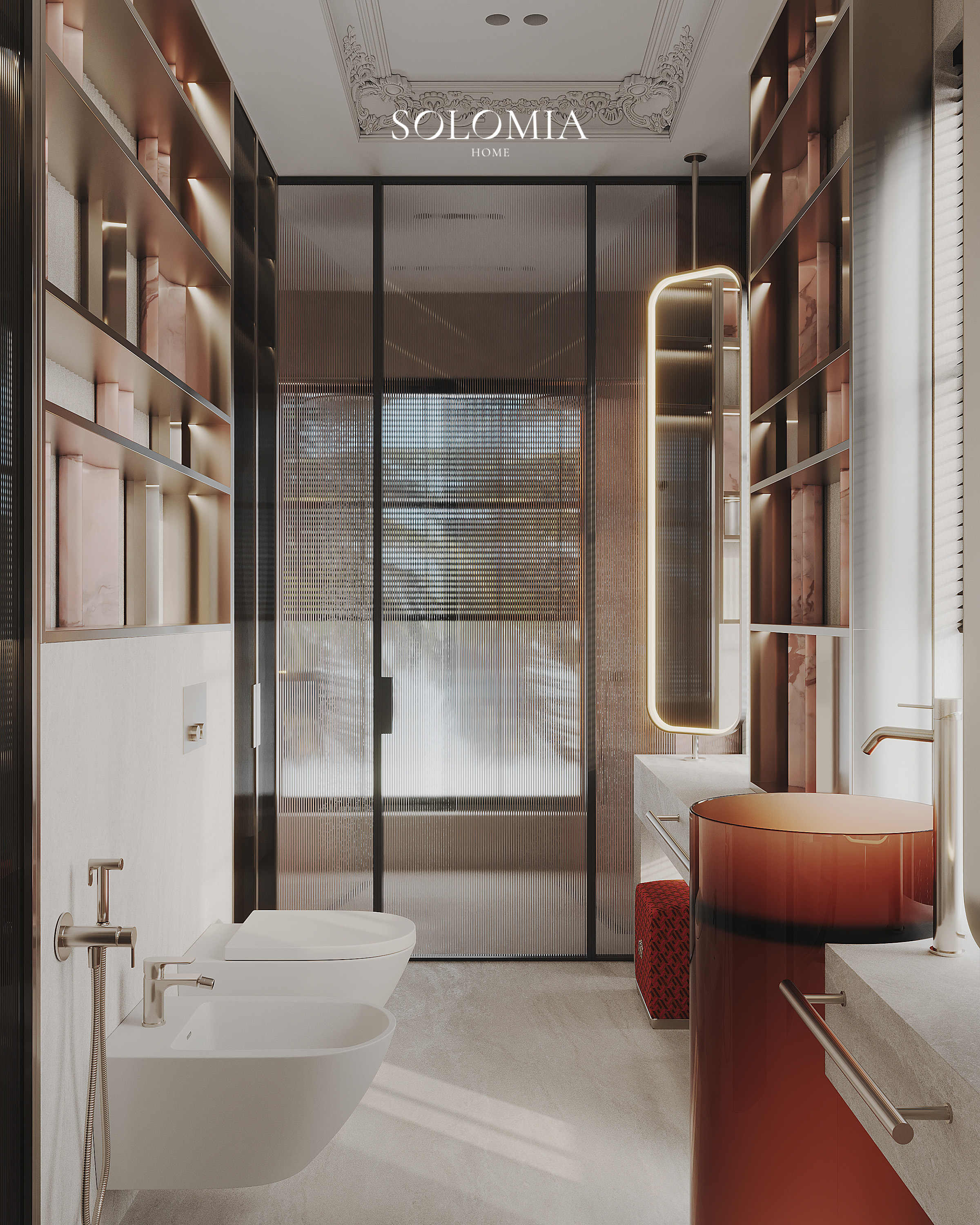 Bathroom with pink marble shelving and red basin, Versace Villa — luxury interior design Dubai