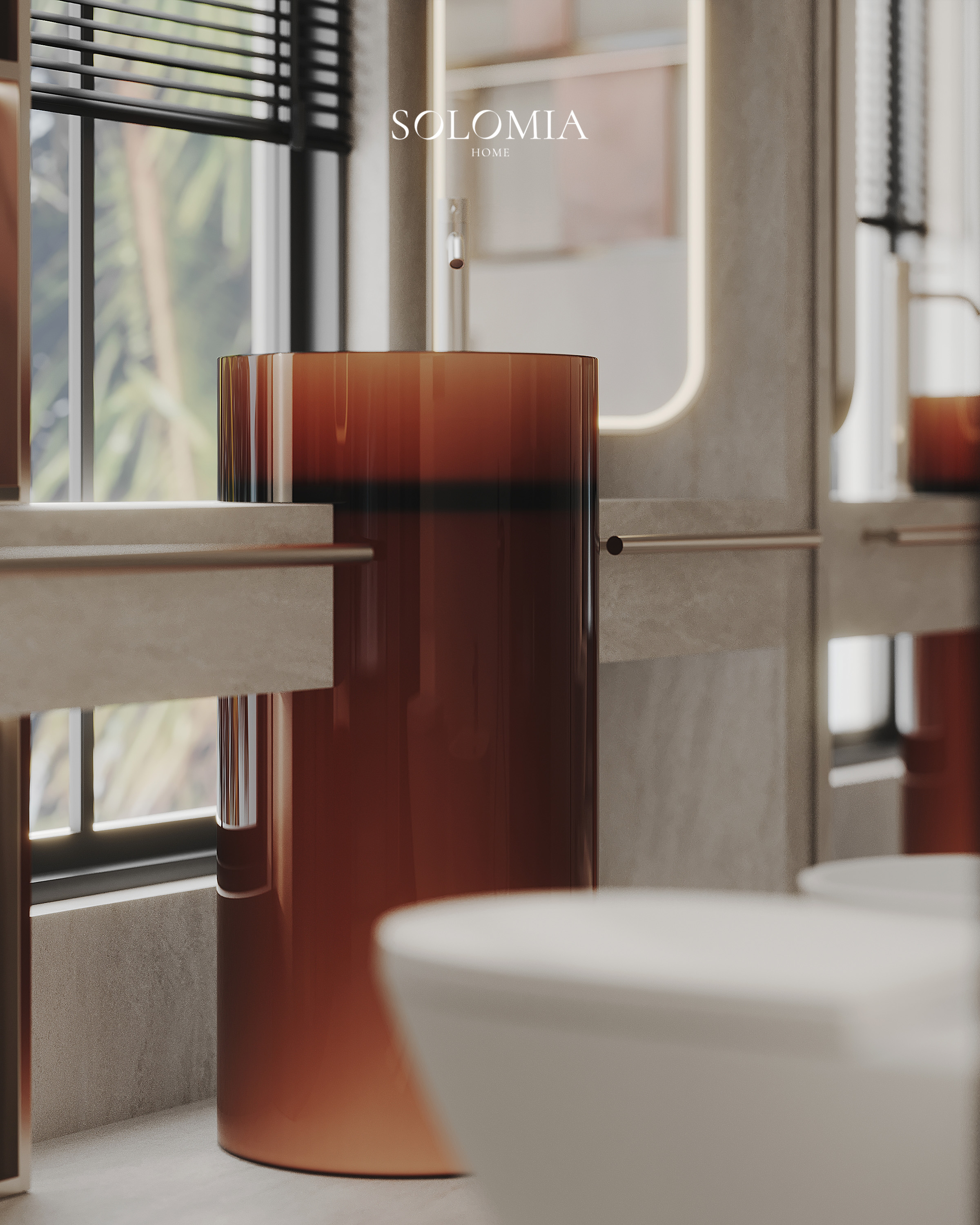 Red glass pedestal basin, Versace Villa — luxury interior design Dubai
