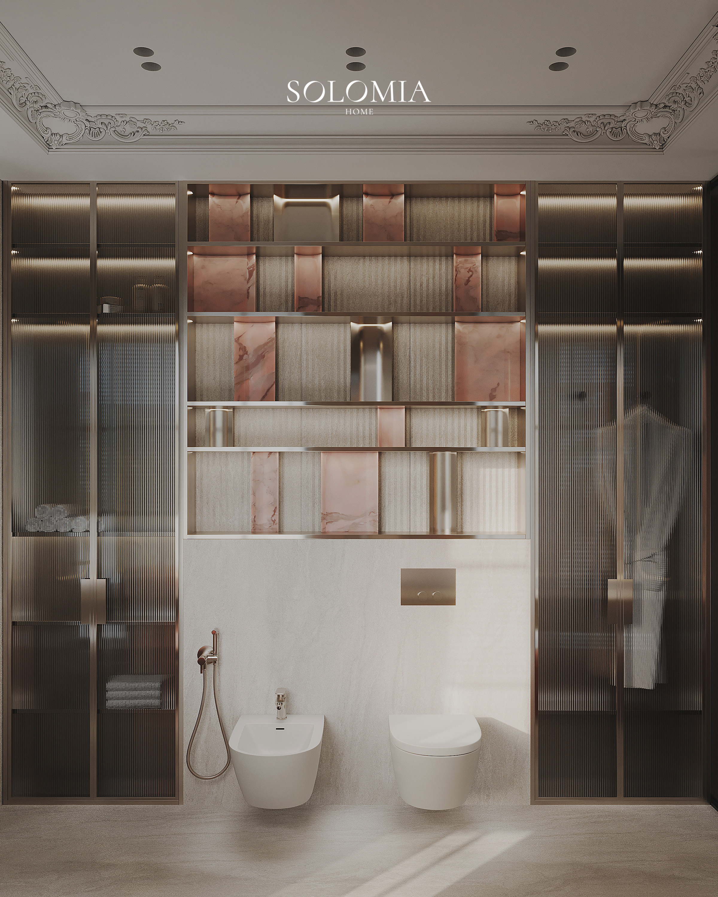 Bathroom with glass shelving wall, Versace Villa — luxury interior design Dubai