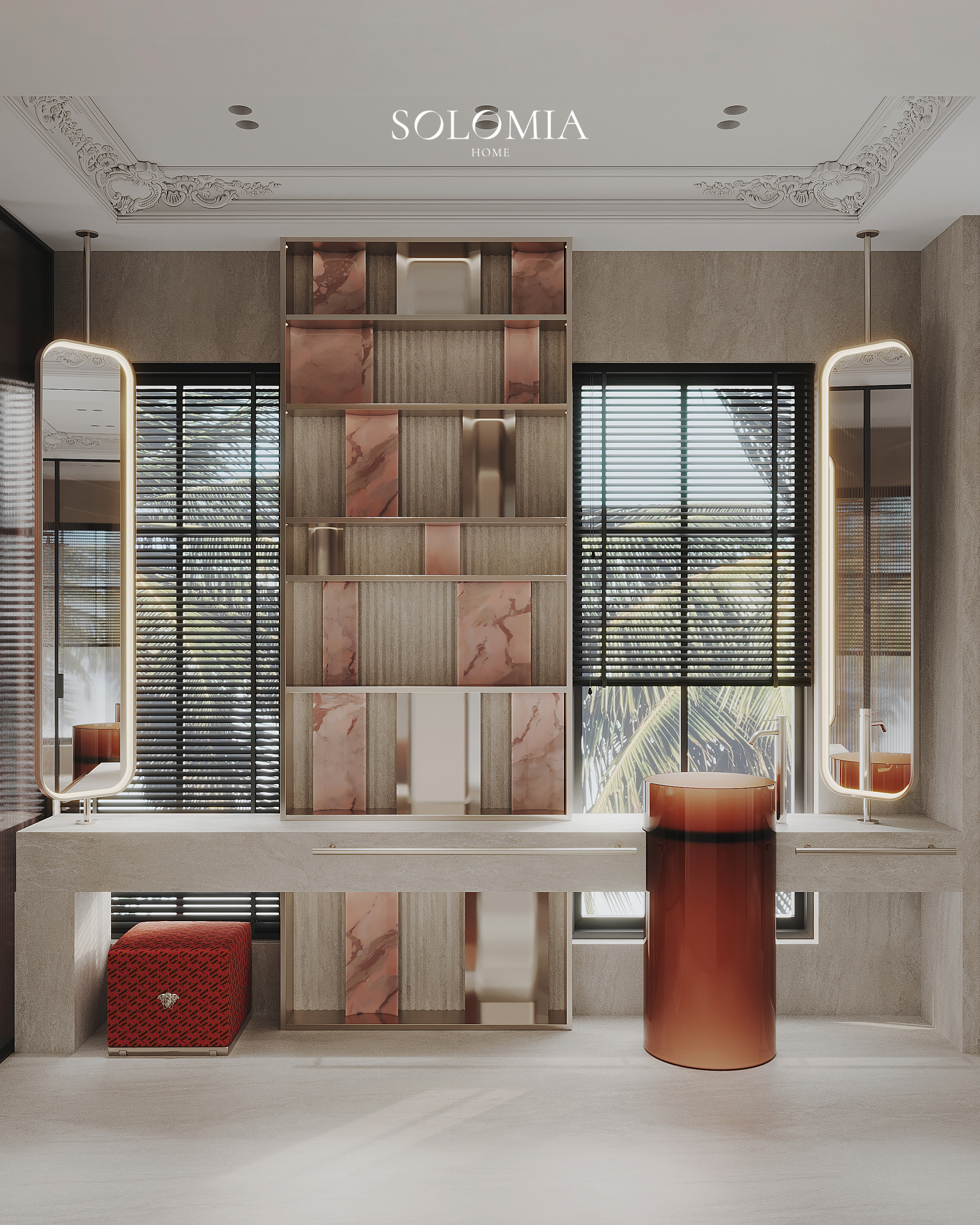 Bathroom with red pouf and pink marble, Versace Villa — luxury interior design Dubai