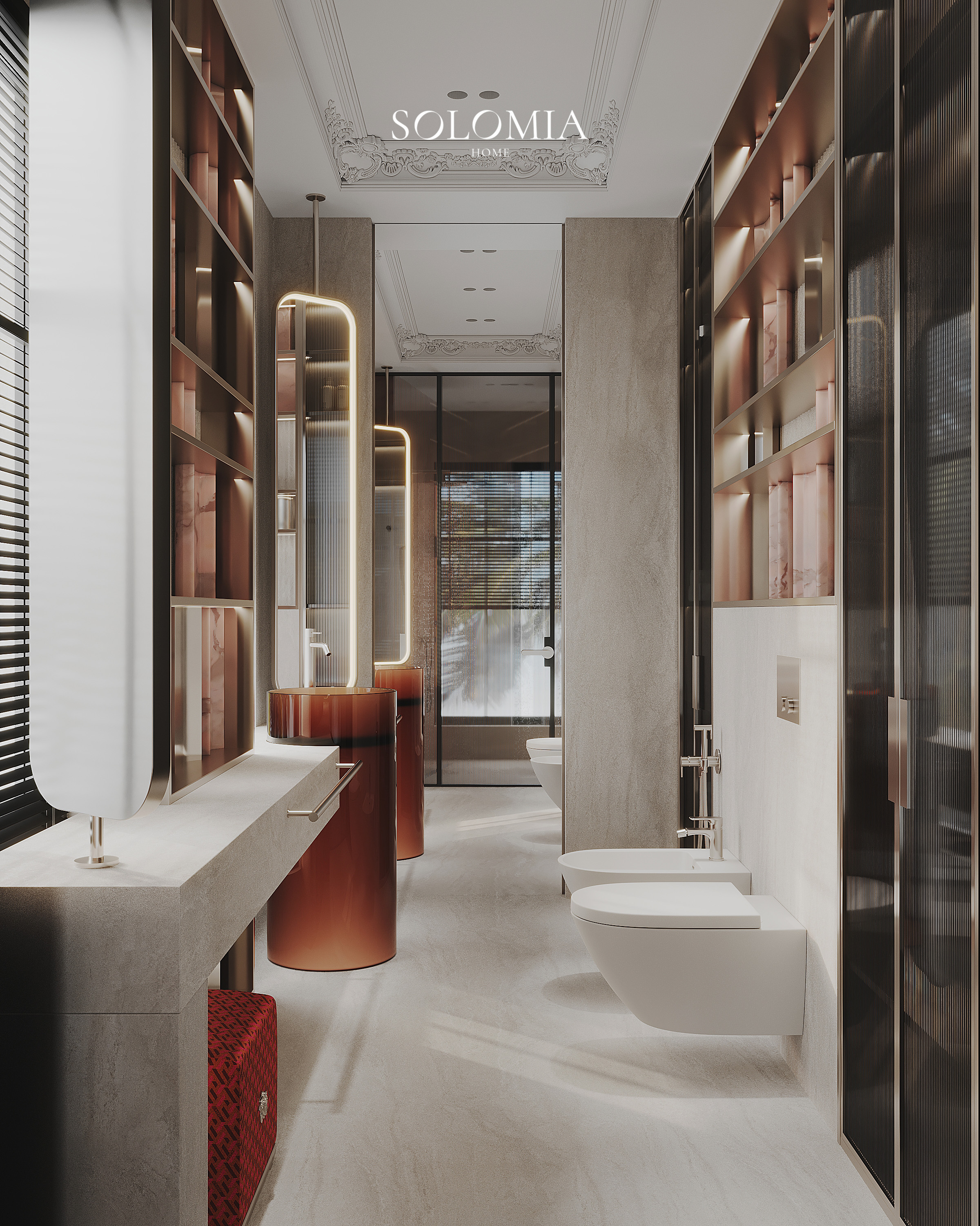 Bathroom with lit mirrors and pink marble, Versace Villa — luxury interior design Dubai