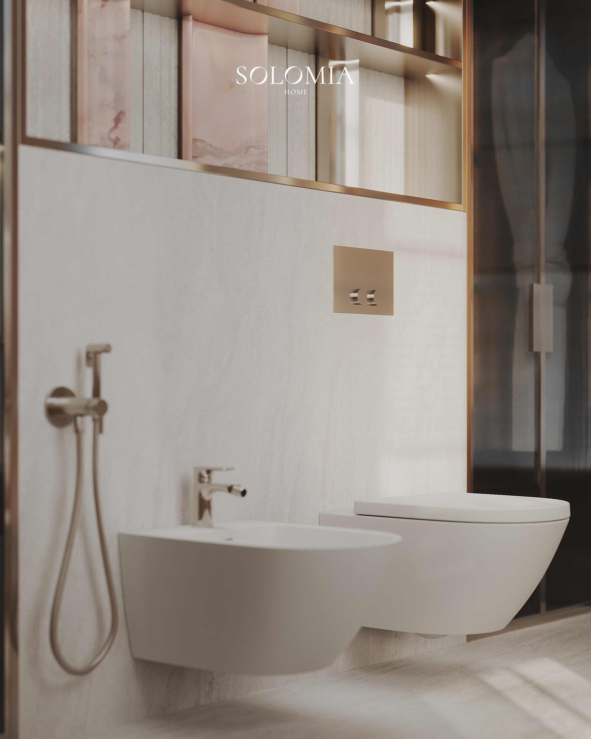 Toilet and bidet with marble panels, Versace Villa — luxury interior design Dubai