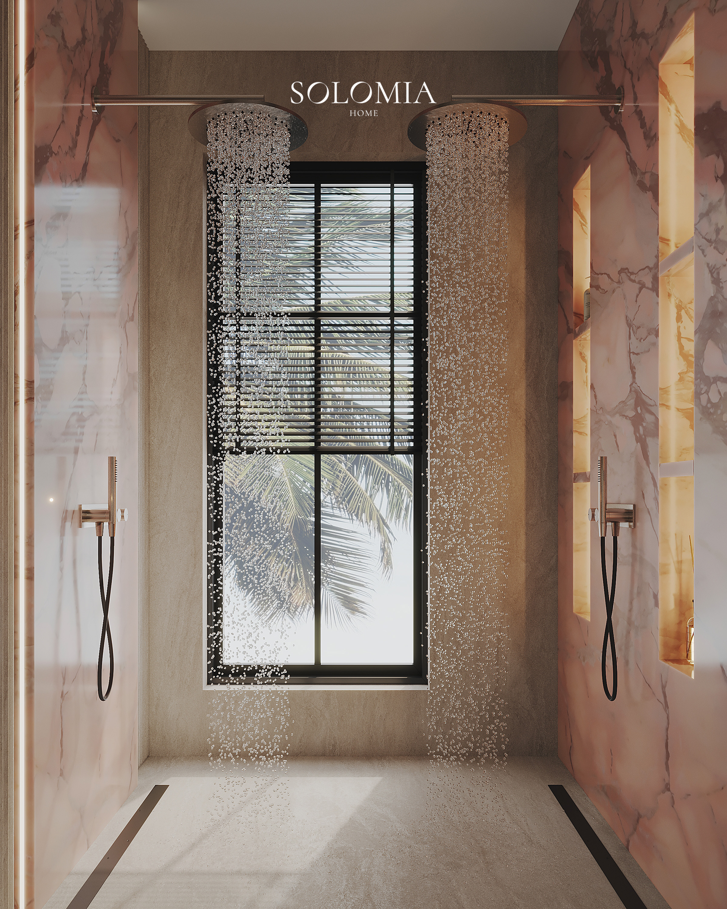 Shower with pink marble and palm view, Versace Villa — luxury interior design Dubai