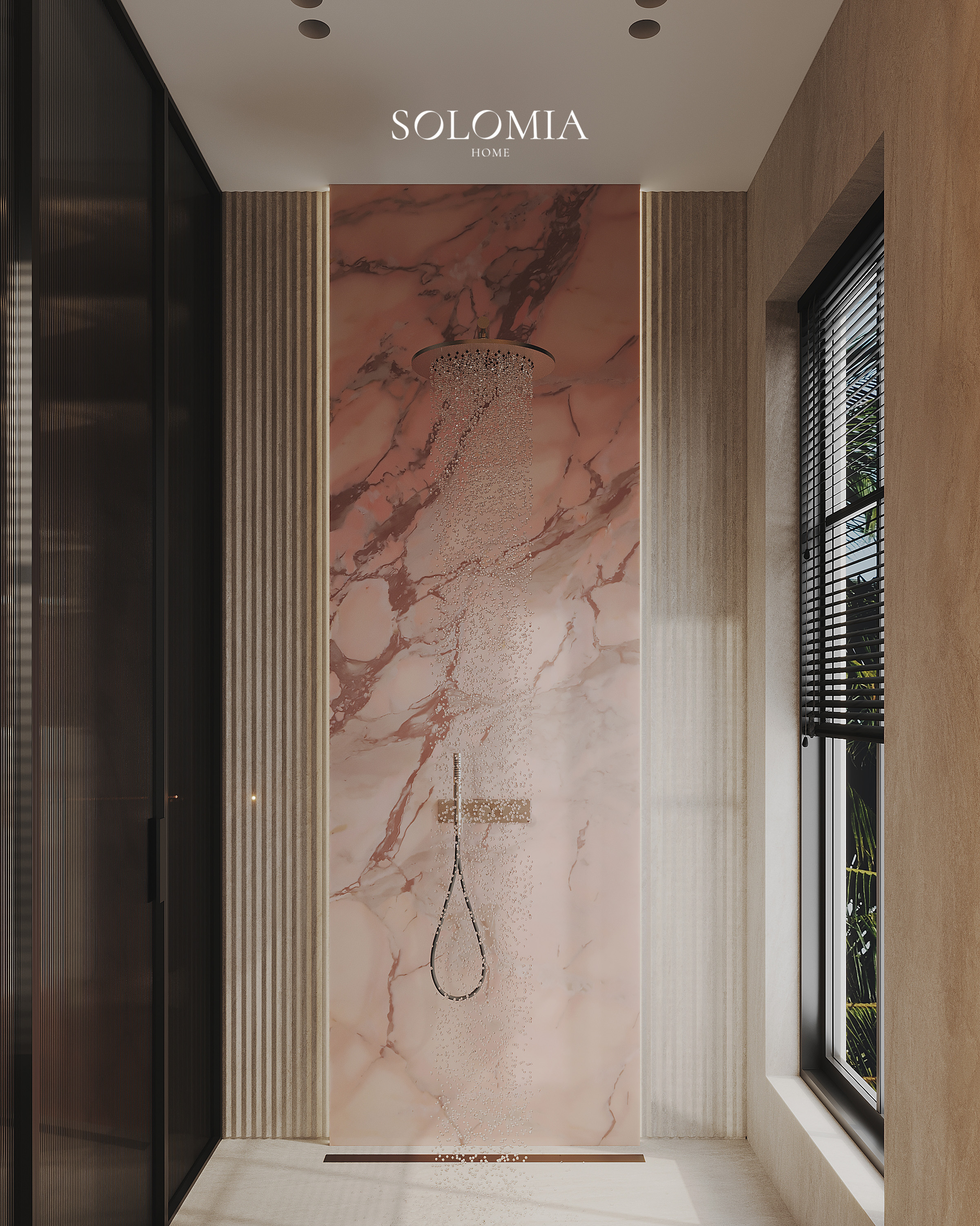 Pink marble shower with rain head, Versace Villa — luxury interior design Dubai