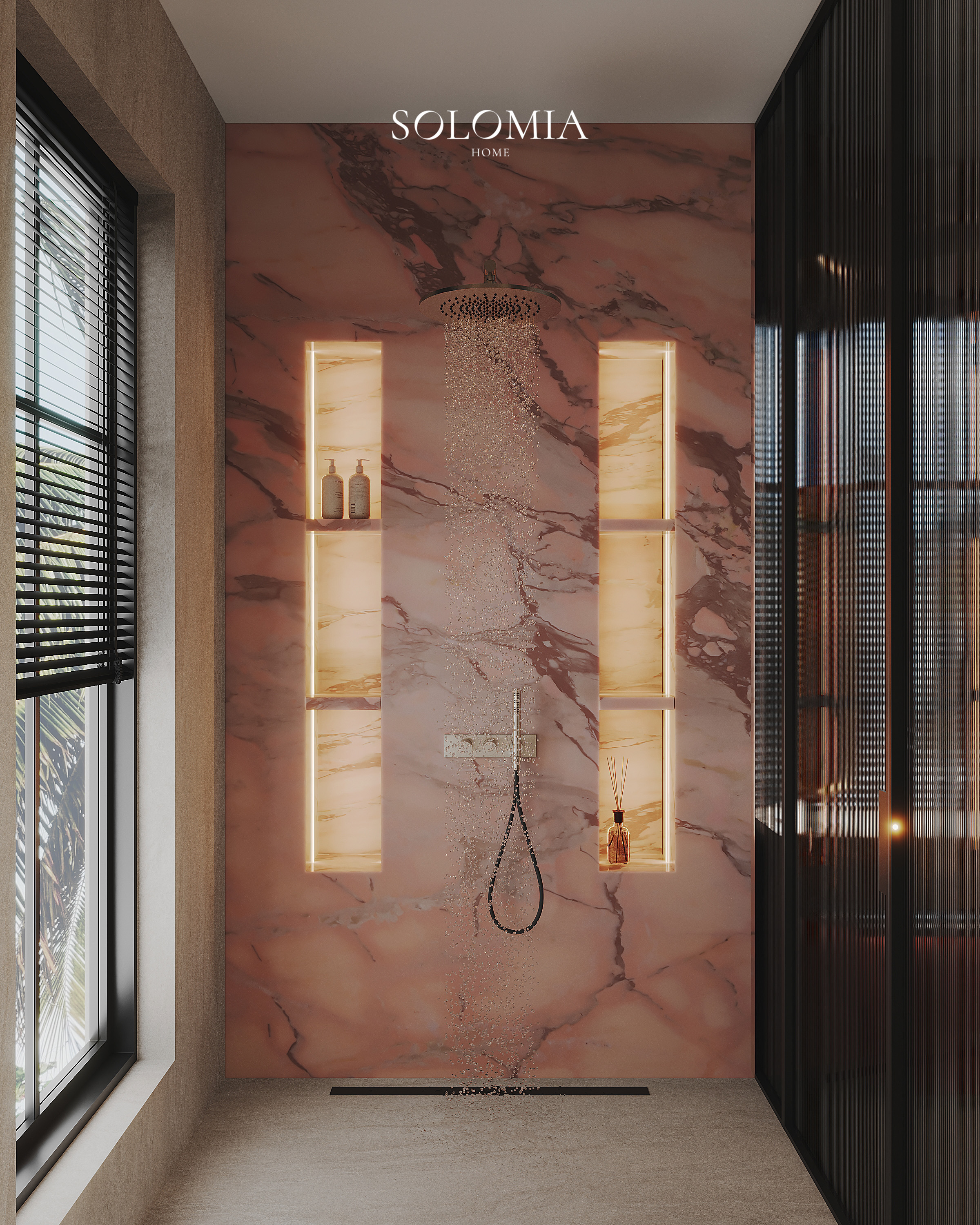 Pink marble shower with lit niches, Versace Villa — luxury interior design Dubai