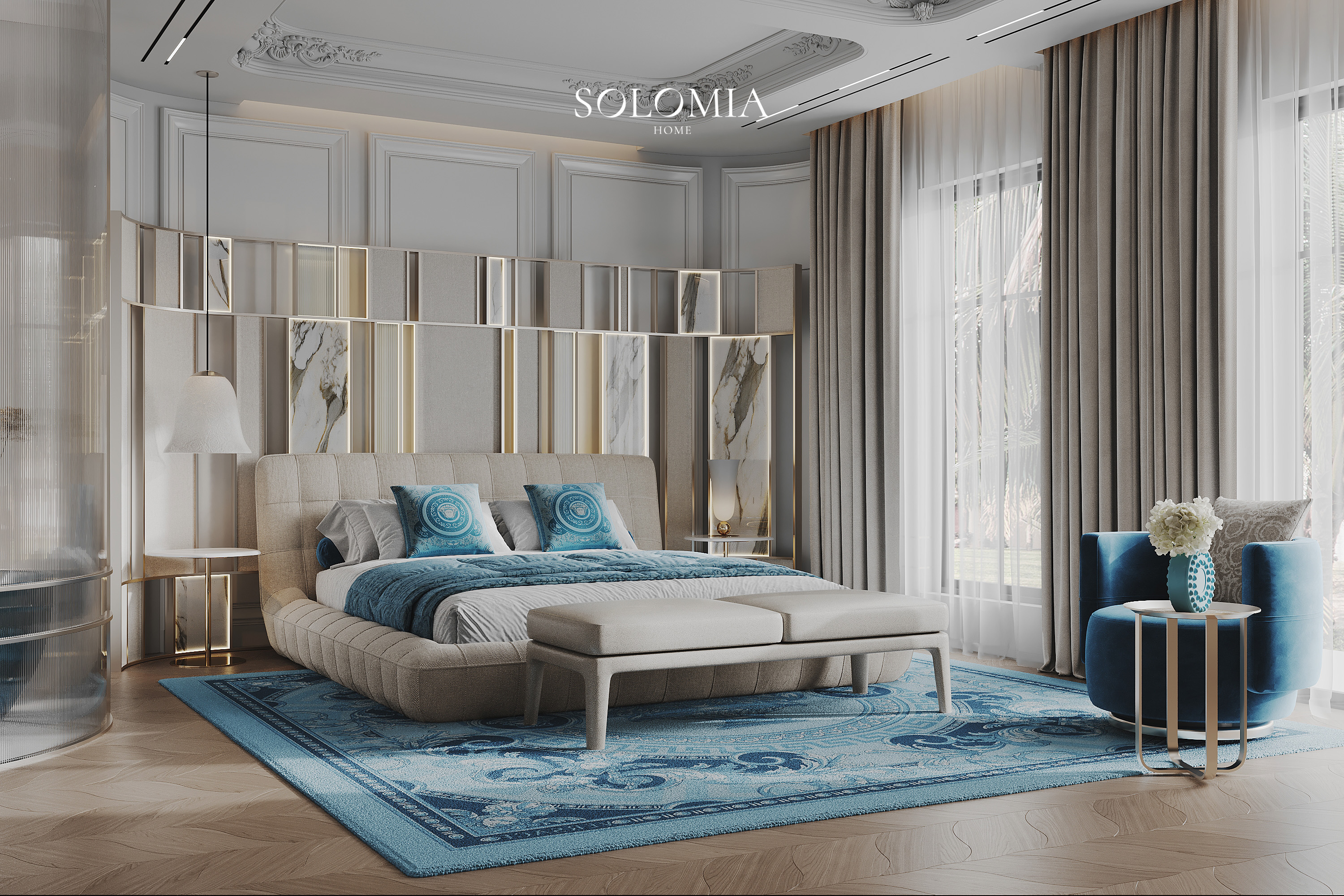 Bedroom with blue Versace rug and armchair, Versace Villa — luxury interior design Dubai