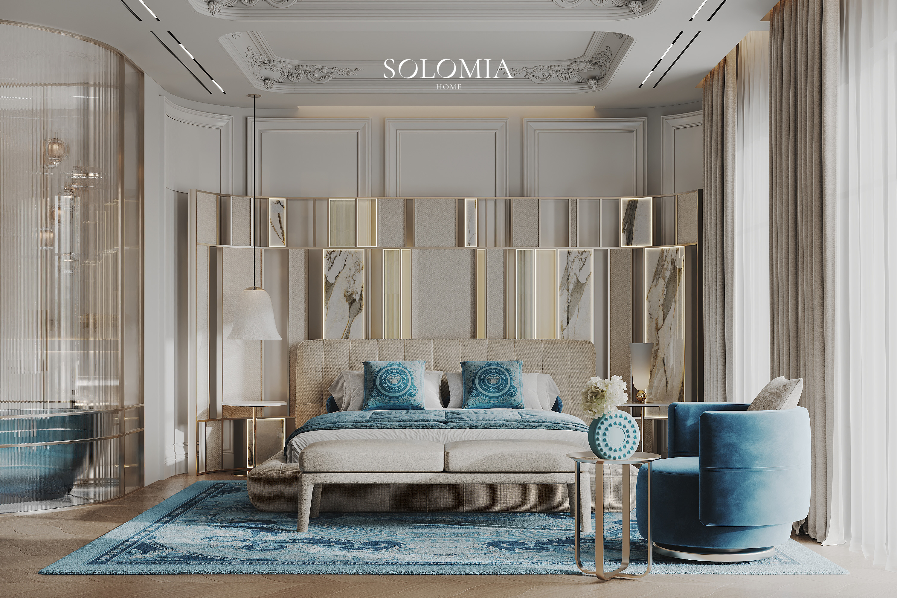 Bedroom with blue rug and mirror wardrobe, Versace Villa — luxury interior design Dubai
