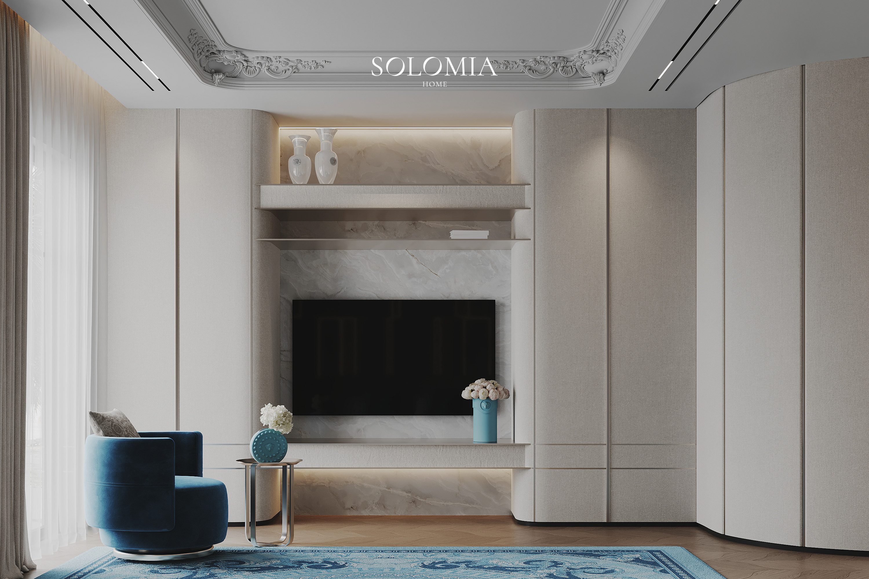 TV wall with blue armchair, Versace Villa — luxury interior design Dubai