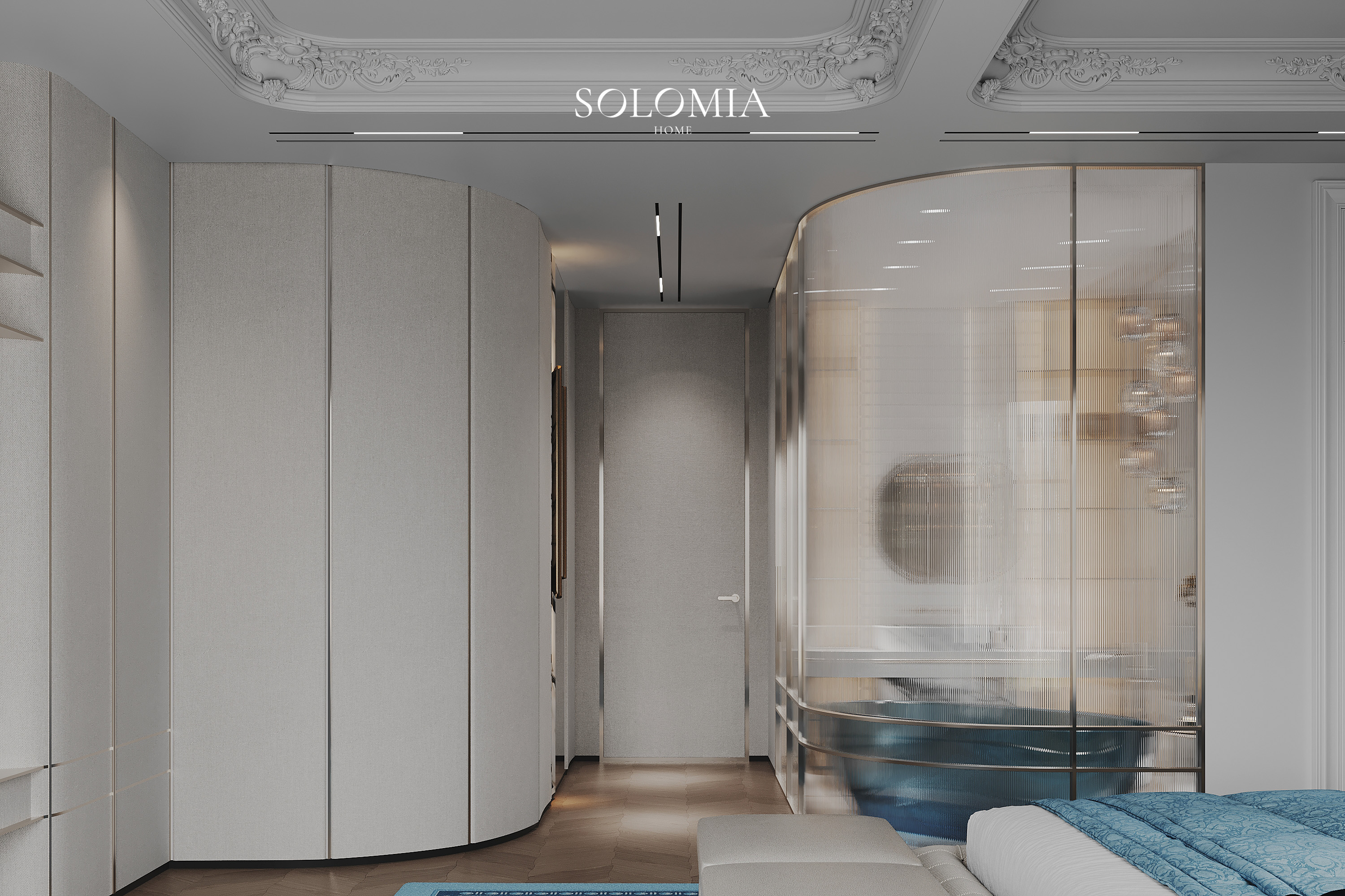 Curved wardrobe with glass bathroom, Versace Villa — luxury interior design Dubai