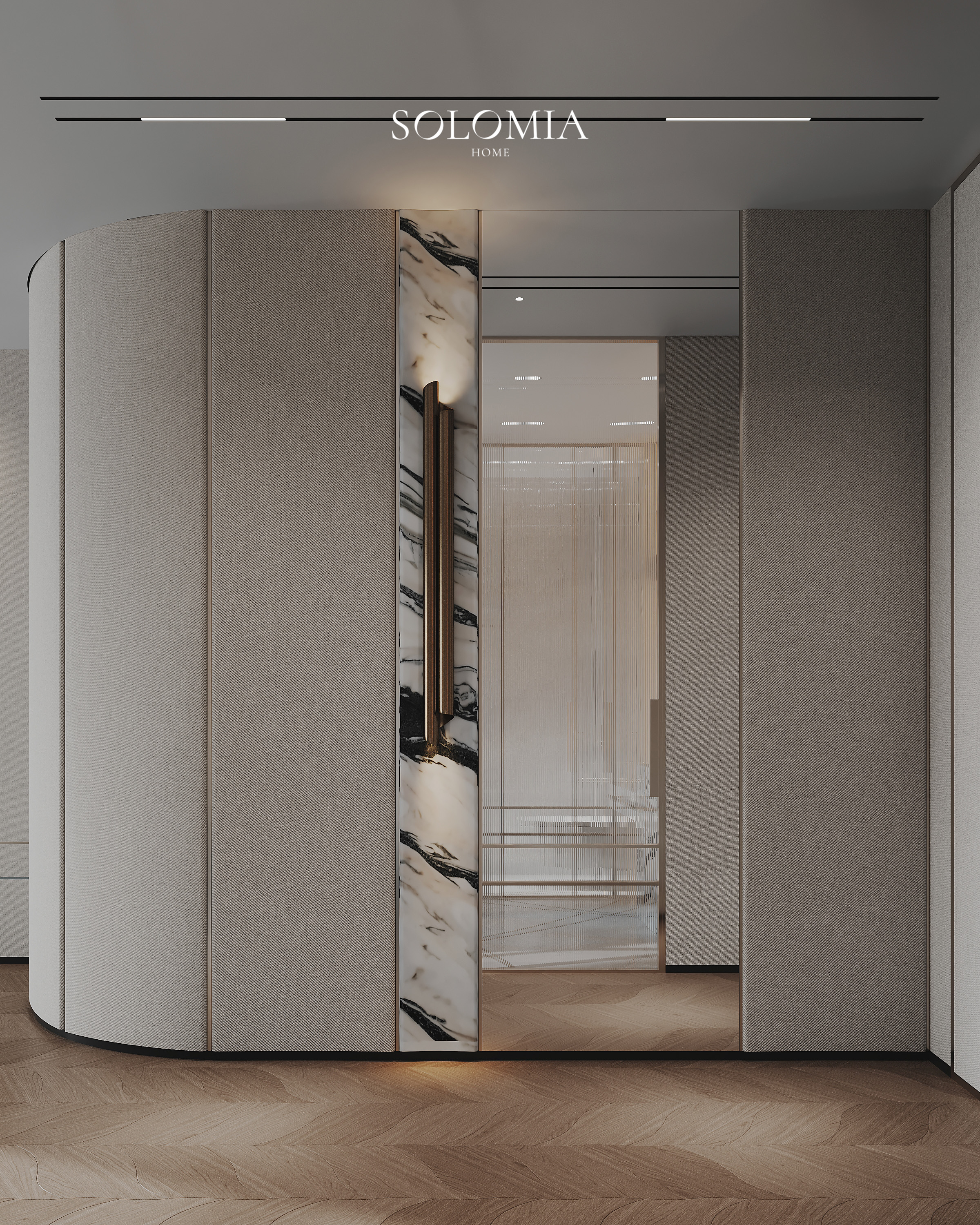 Curved wardrobe with marble door, Versace Villa — luxury interior design Dubai