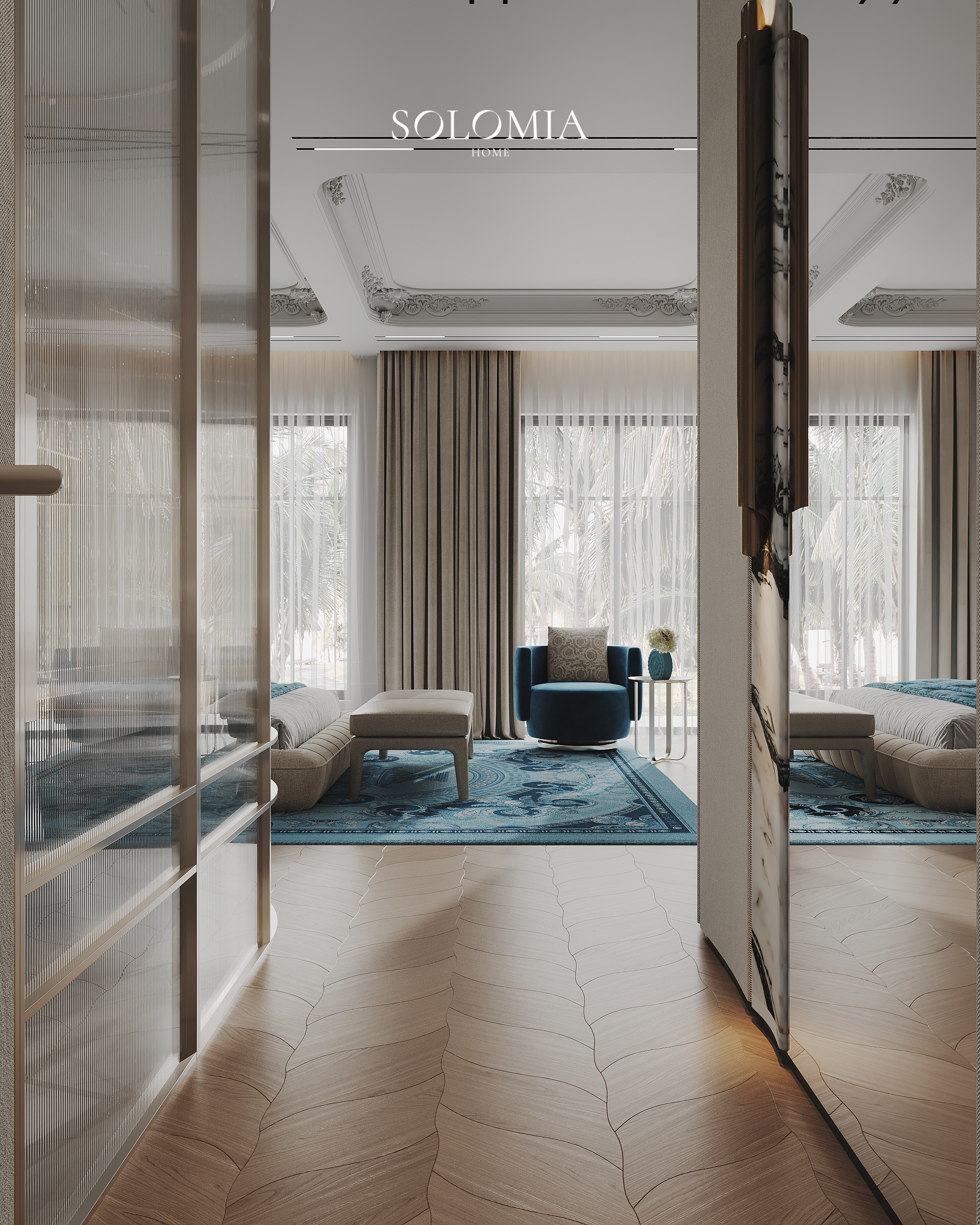Bedroom with glass partition and blue rug, Versace Villa — luxury interior design Dubai