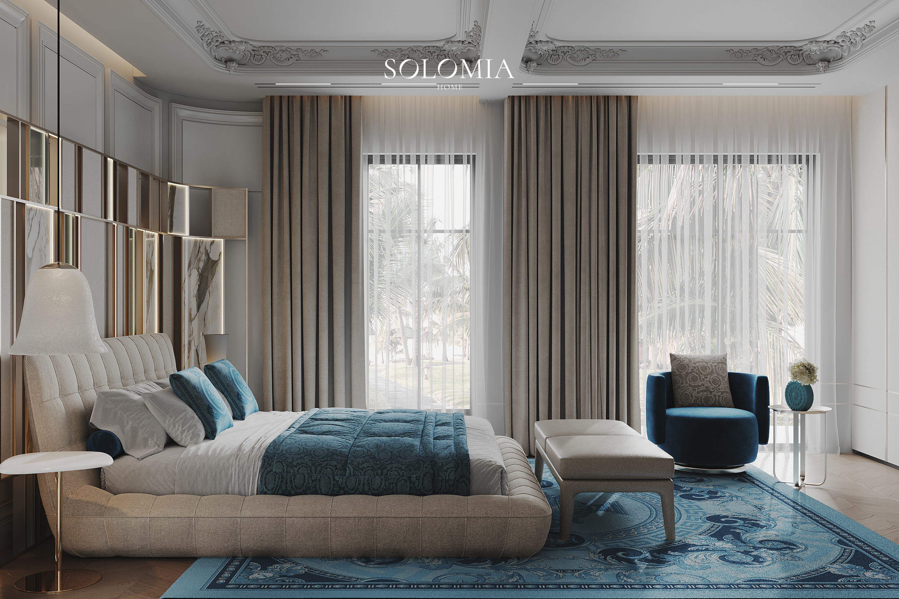 Bedroom with blue rug and beige curtains, Versace Villa — luxury interior design Dubai