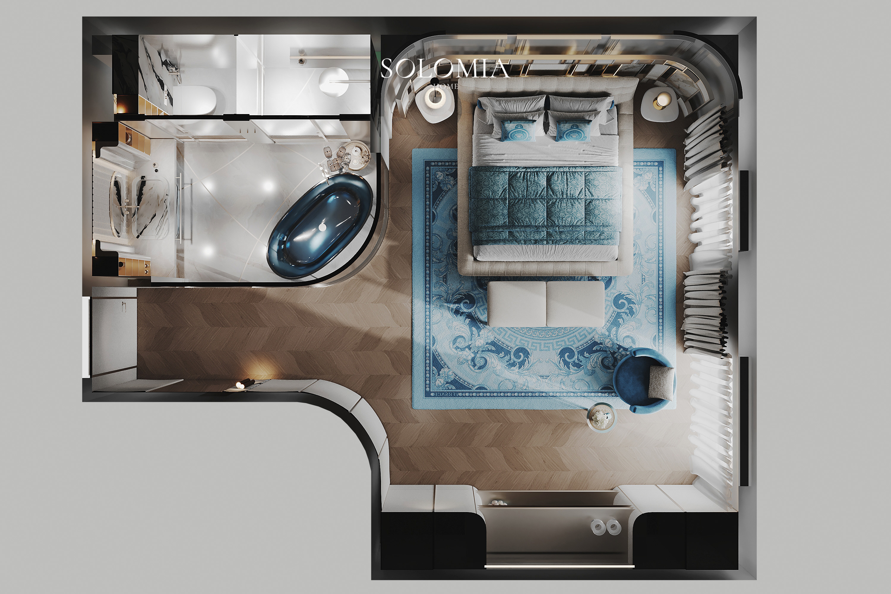 Bedroom and bathroom layout, top view, Versace Villa — interior design project