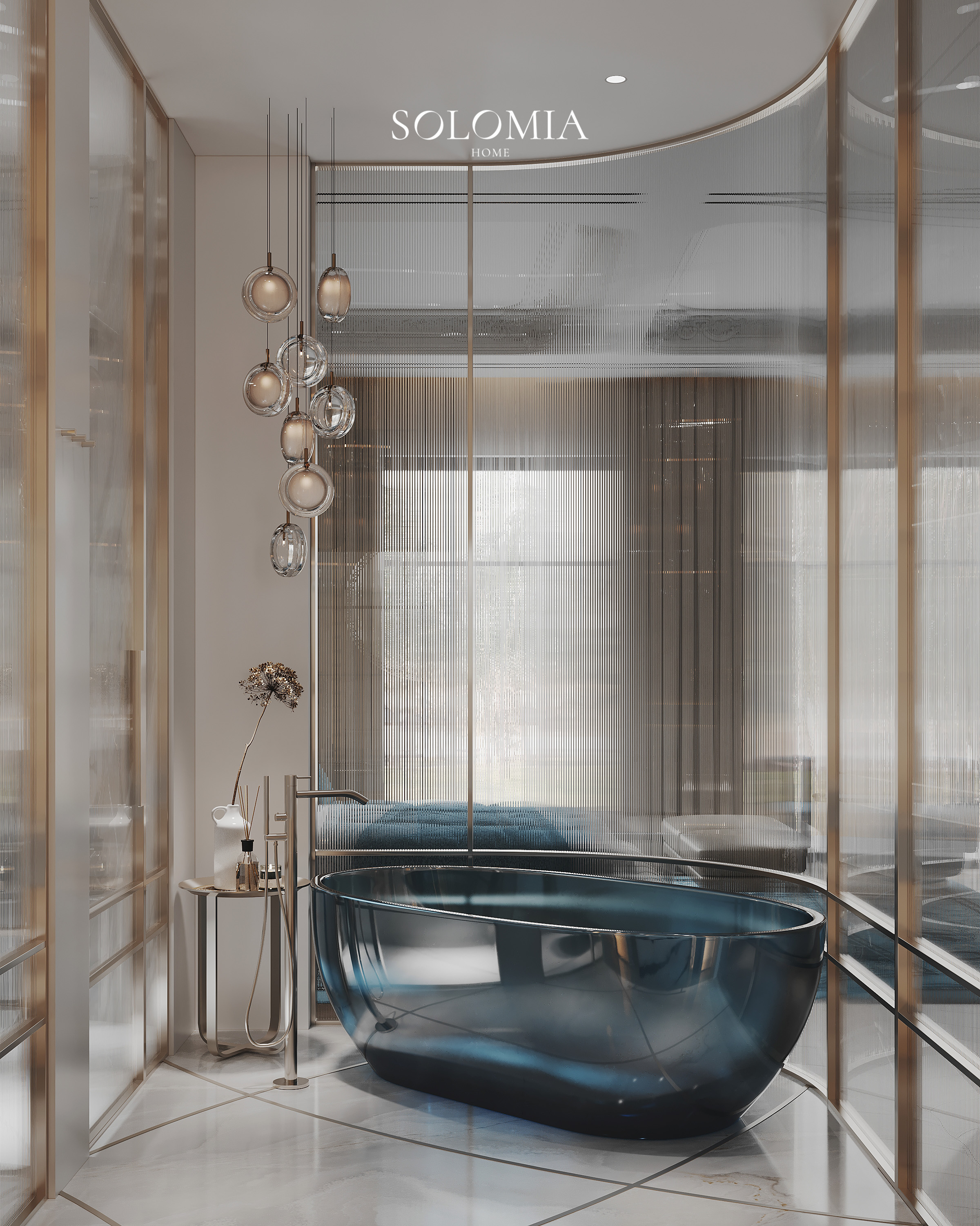 Blue glass bathtub with pendant lights, Versace Villa — luxury interior design Dubai