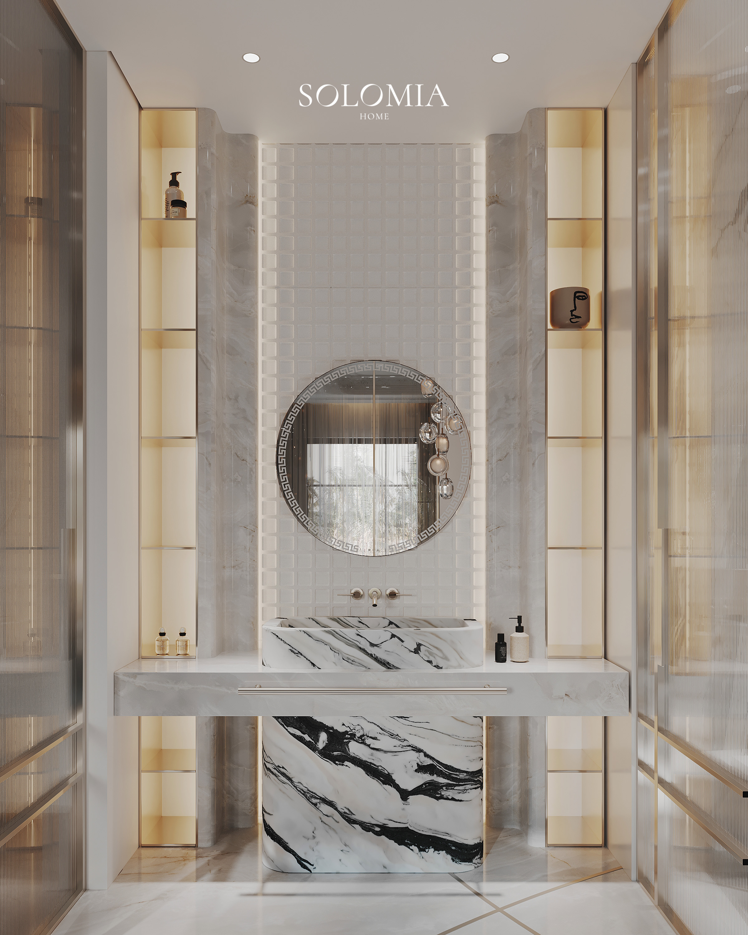 Bathroom with round mirror and onyx panels, Versace Villa — luxury interior design Dubai
