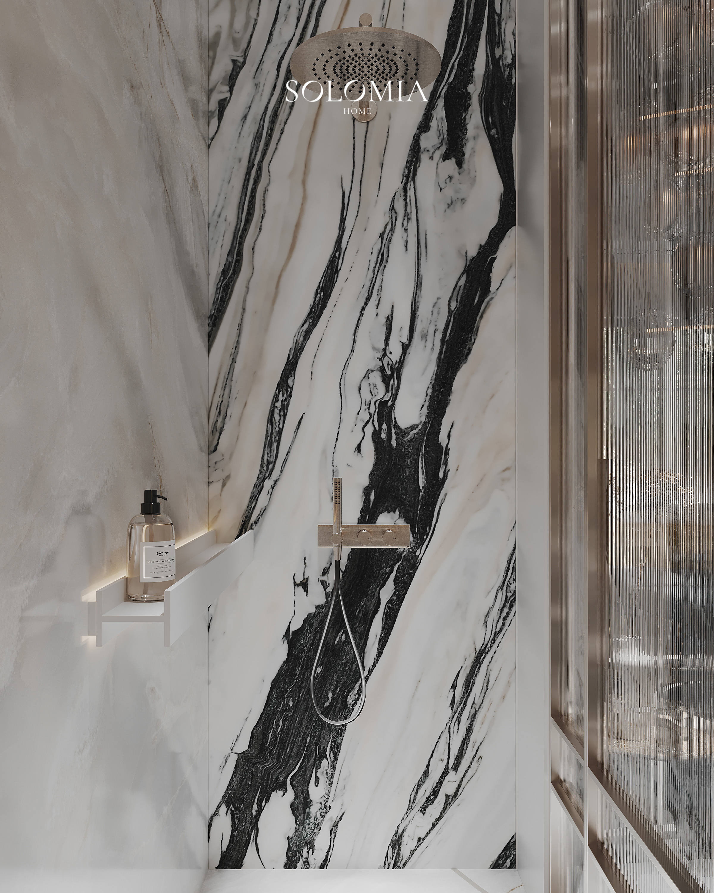 Black-and-white marble shower, Versace Villa — luxury interior design Dubai