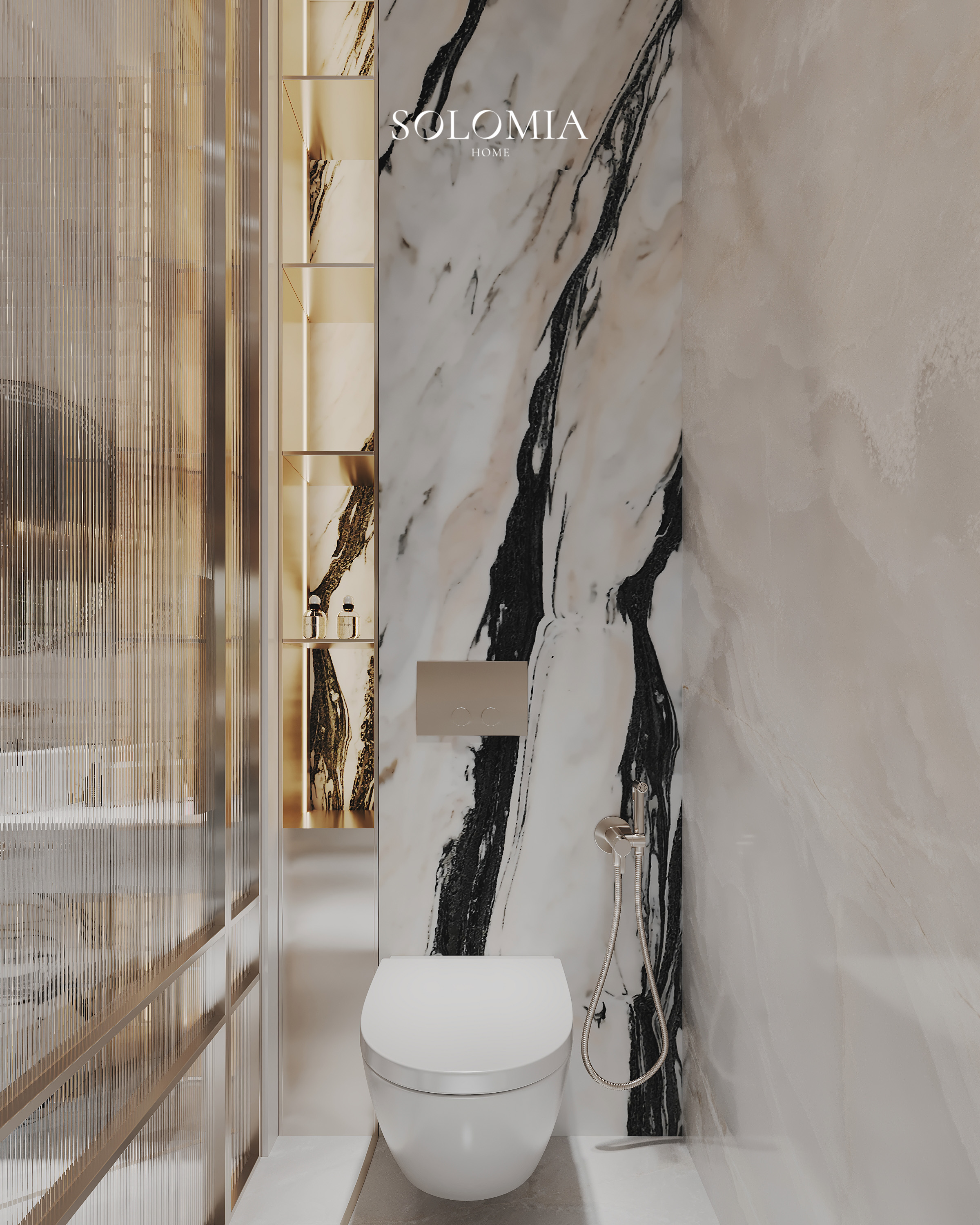 Toilet with black-and-white marble, Versace Villa — luxury interior design Dubai