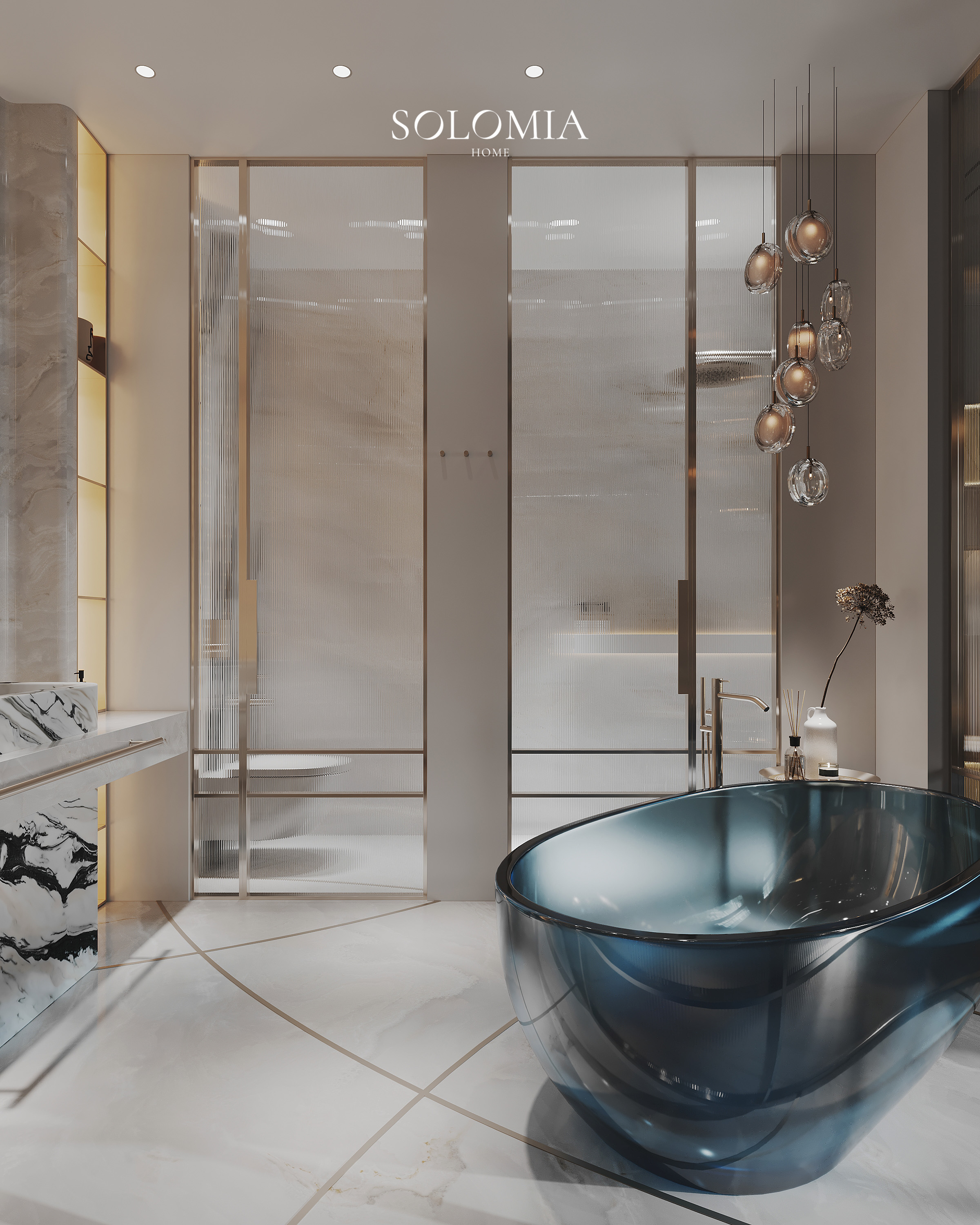 Bathroom with blue glass bathtub, Versace Villa — luxury interior design Dubai