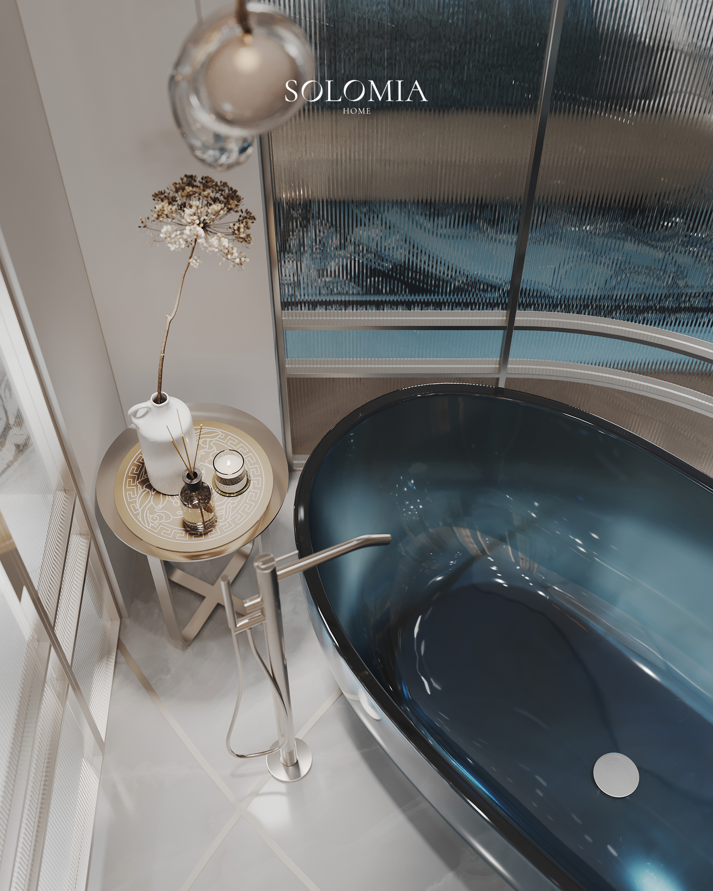 Blue glass bathtub with side table, Versace Villa — luxury interior design Dubai
