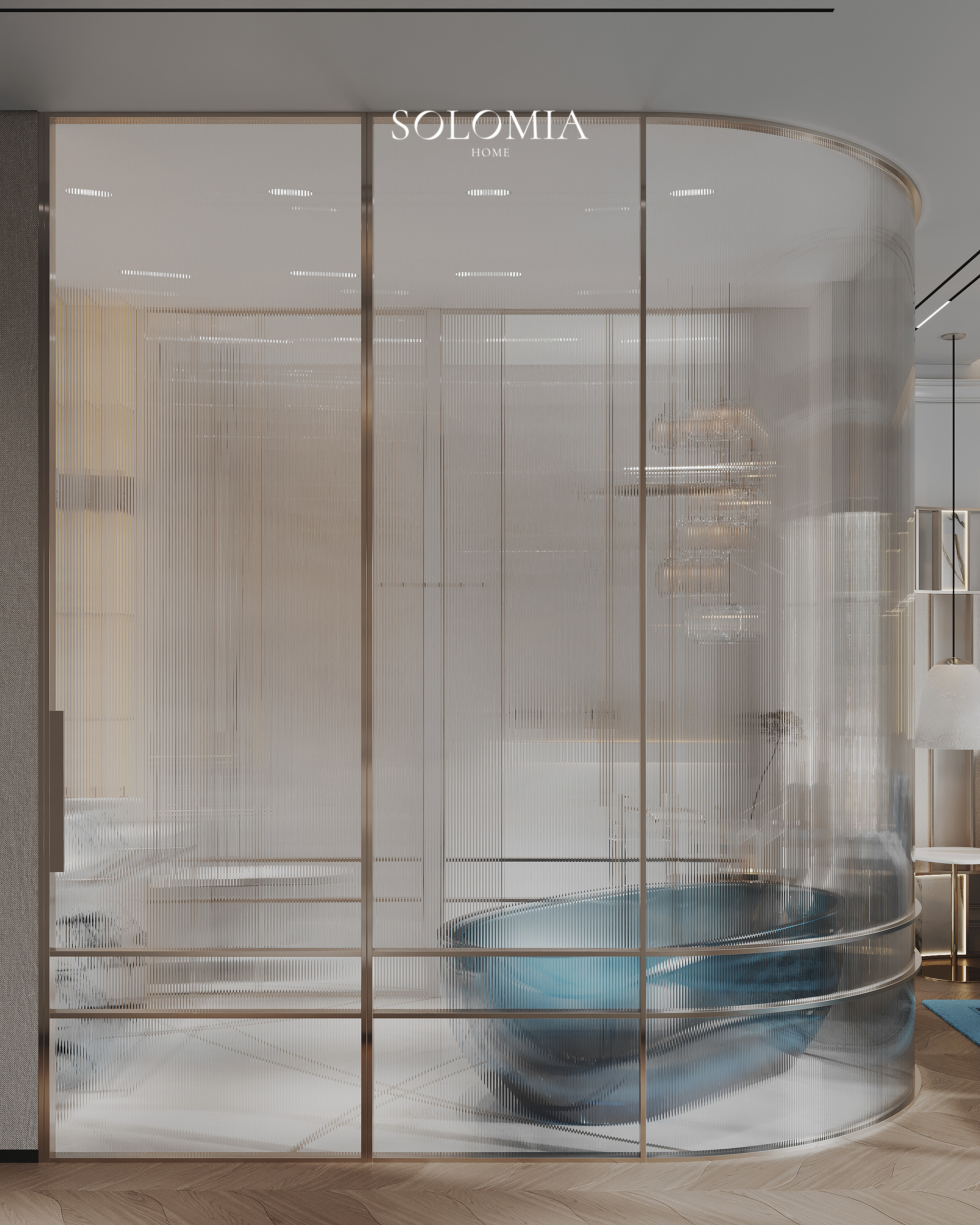Curved glass bathroom partition, Versace Villa — luxury interior design Dubai