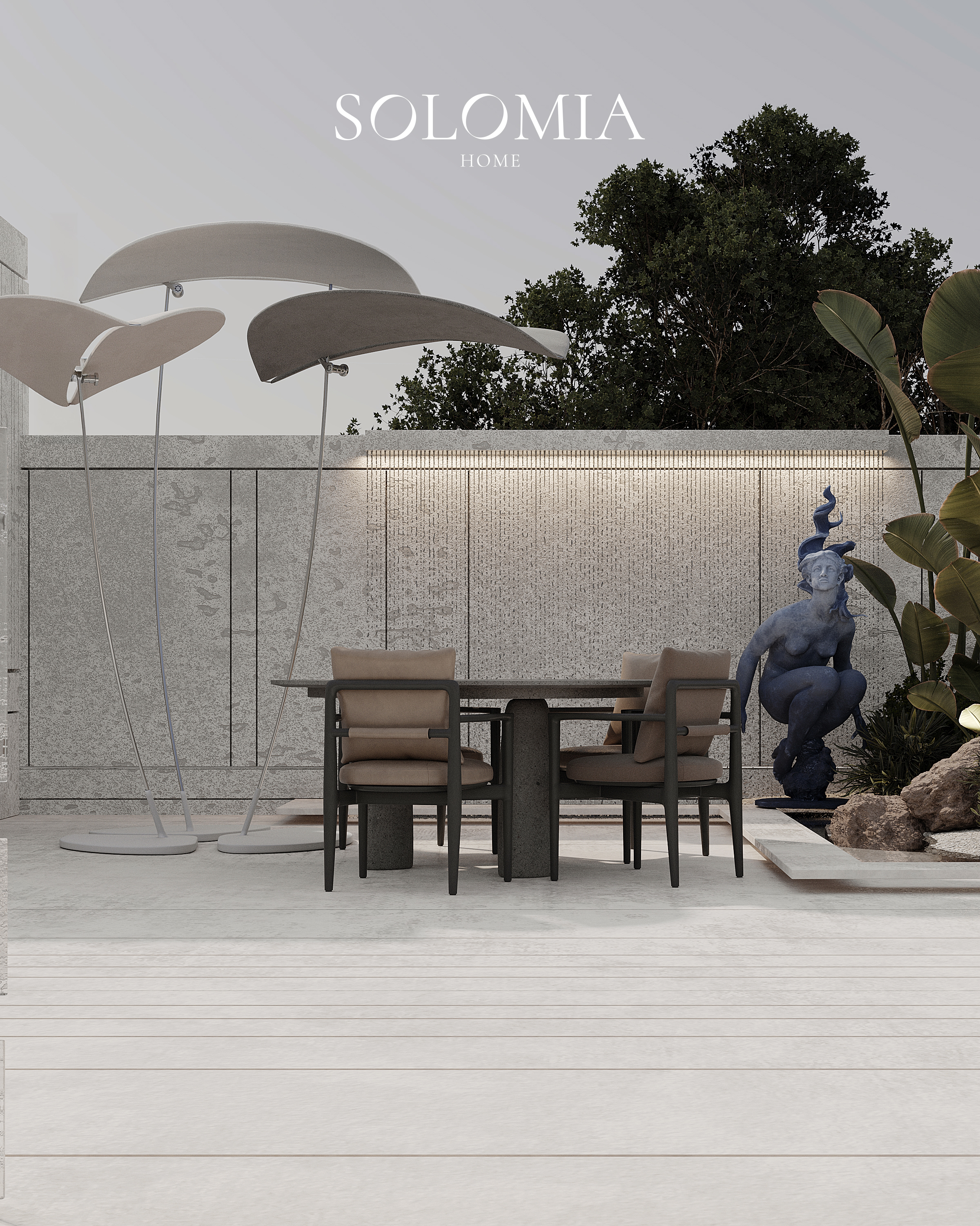 Terrace dining with blue sculpture, Villa Project in Keturah Reserve — villa exterior design Dubai