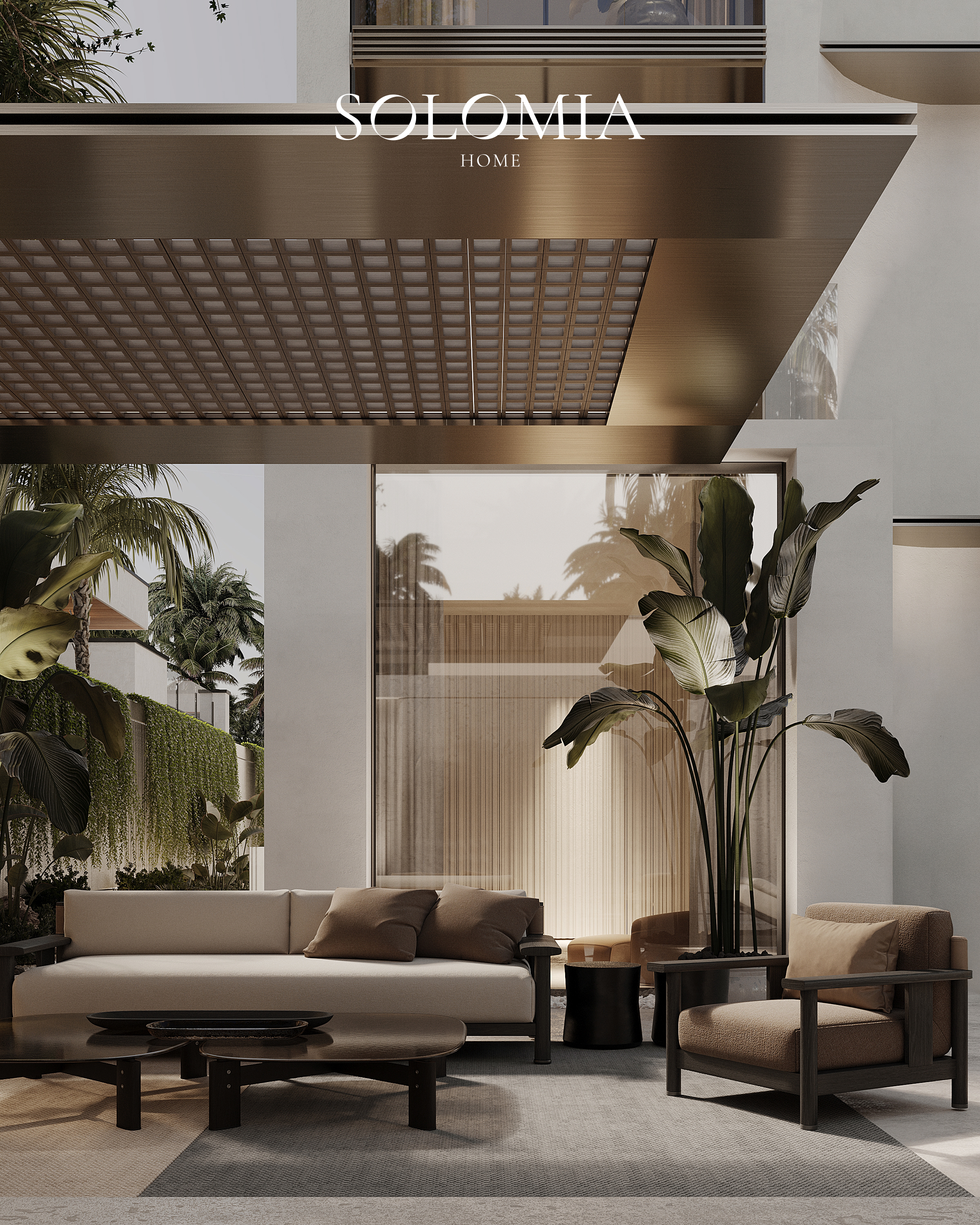 Terrace lounge under a wood pergola, Villa Project in Keturah Reserve — villa exterior design Dubai