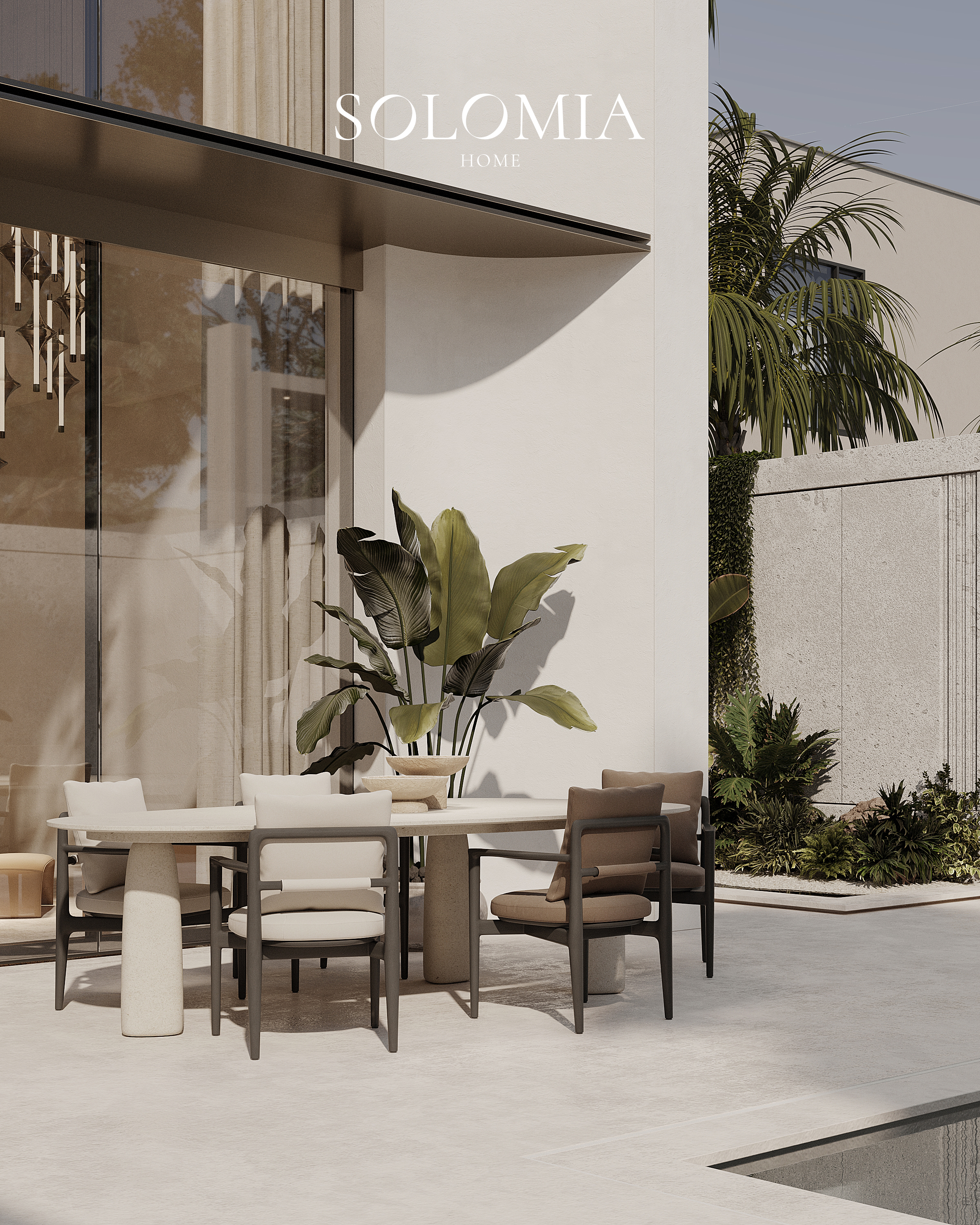 Outdoor dining table by the pool, Villa Project in Keturah Reserve — villa exterior design Dubai
