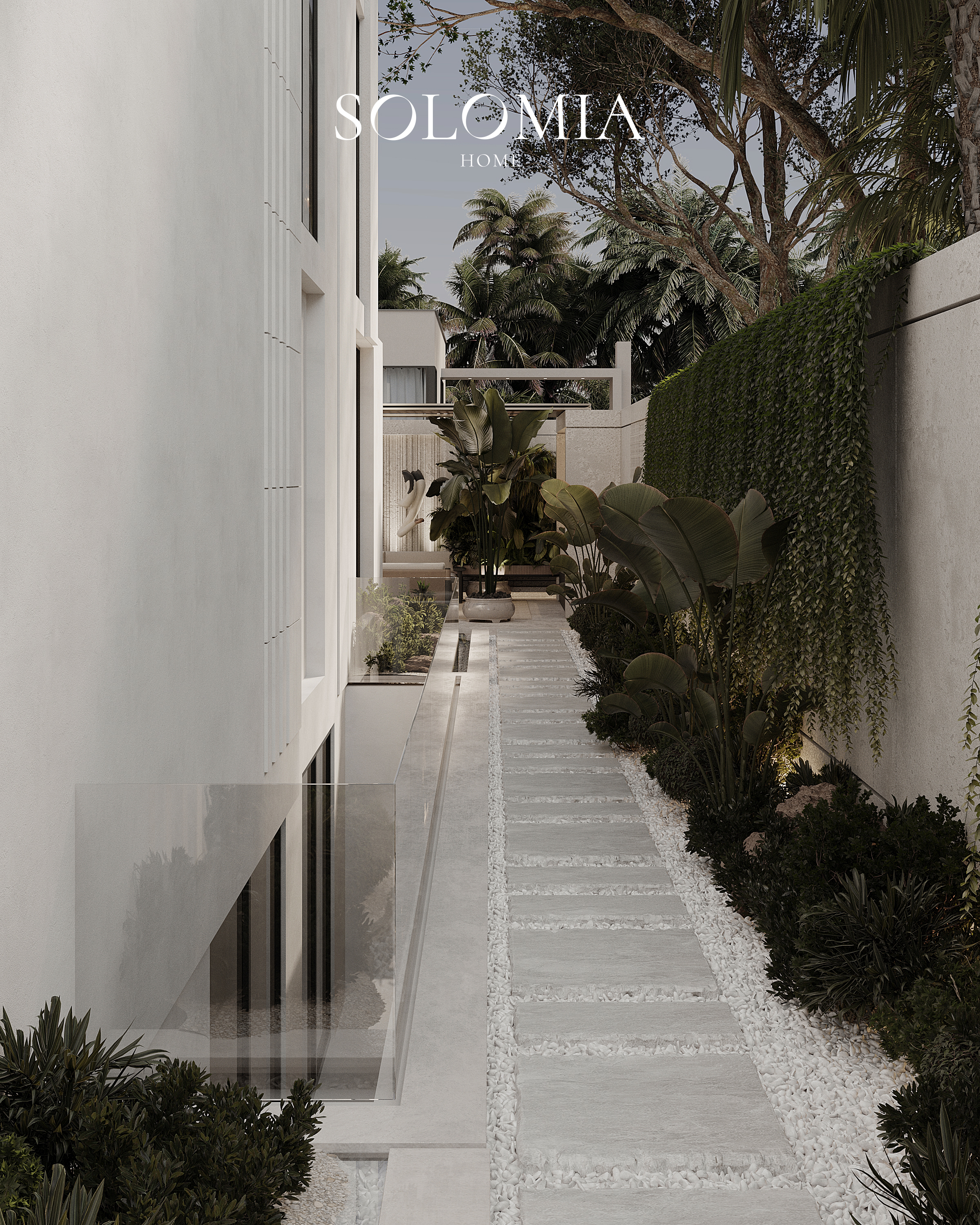 Side garden with pebble path, Villa Project in Keturah Reserve — villa exterior design Dubai