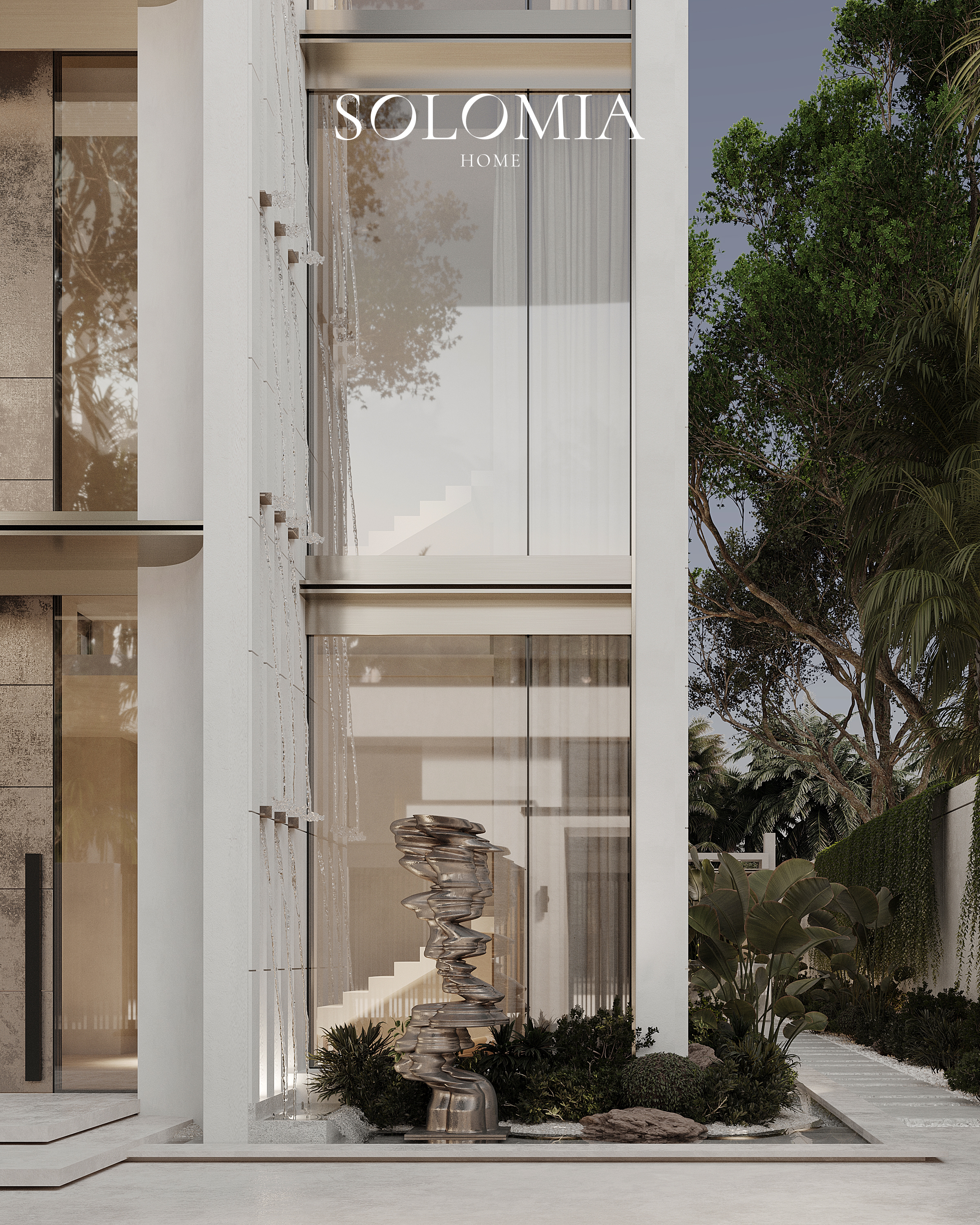 Villa entrance with sculpture and glass, Villa Project in Keturah Reserve — villa exterior design Dubai