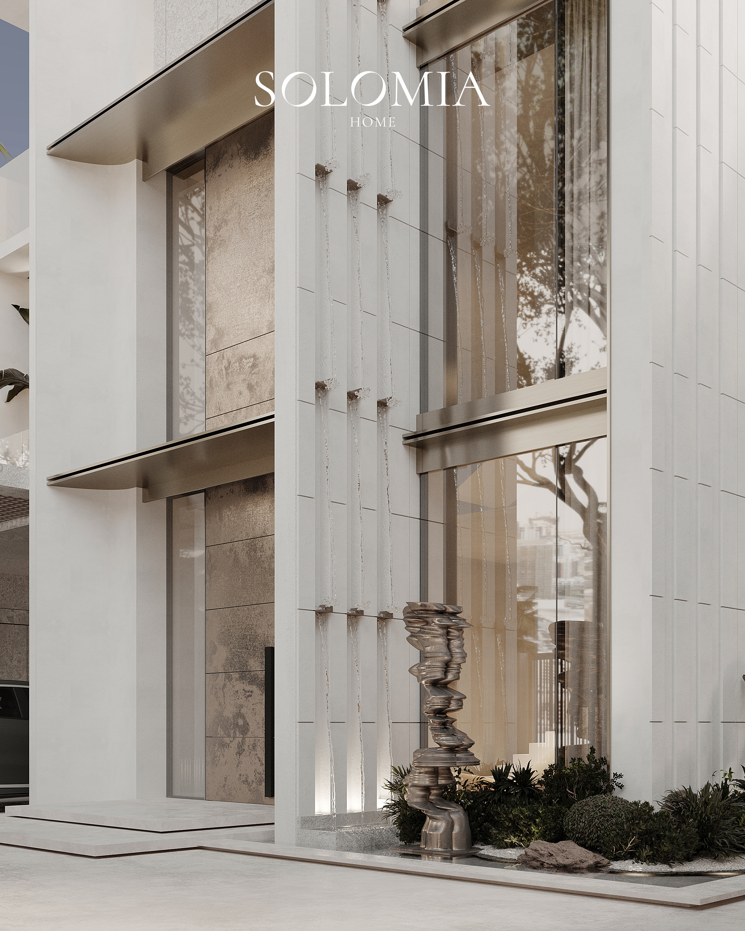 Villa entrance with stone sculpture, Villa Project in Keturah Reserve — villa exterior design Dubai