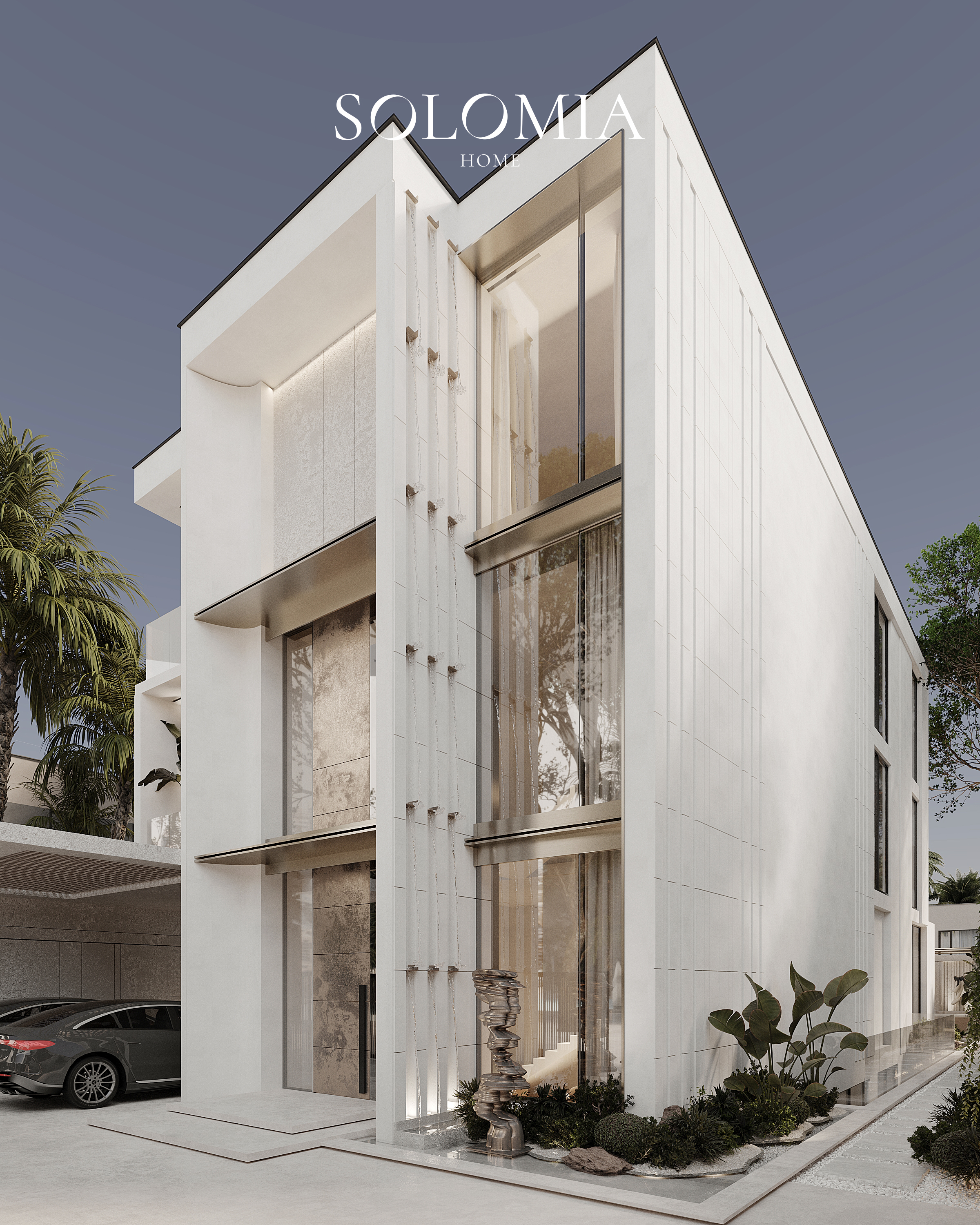 Villa facade with palms and cars, Villa Project in Keturah Reserve — villa exterior design Dubai