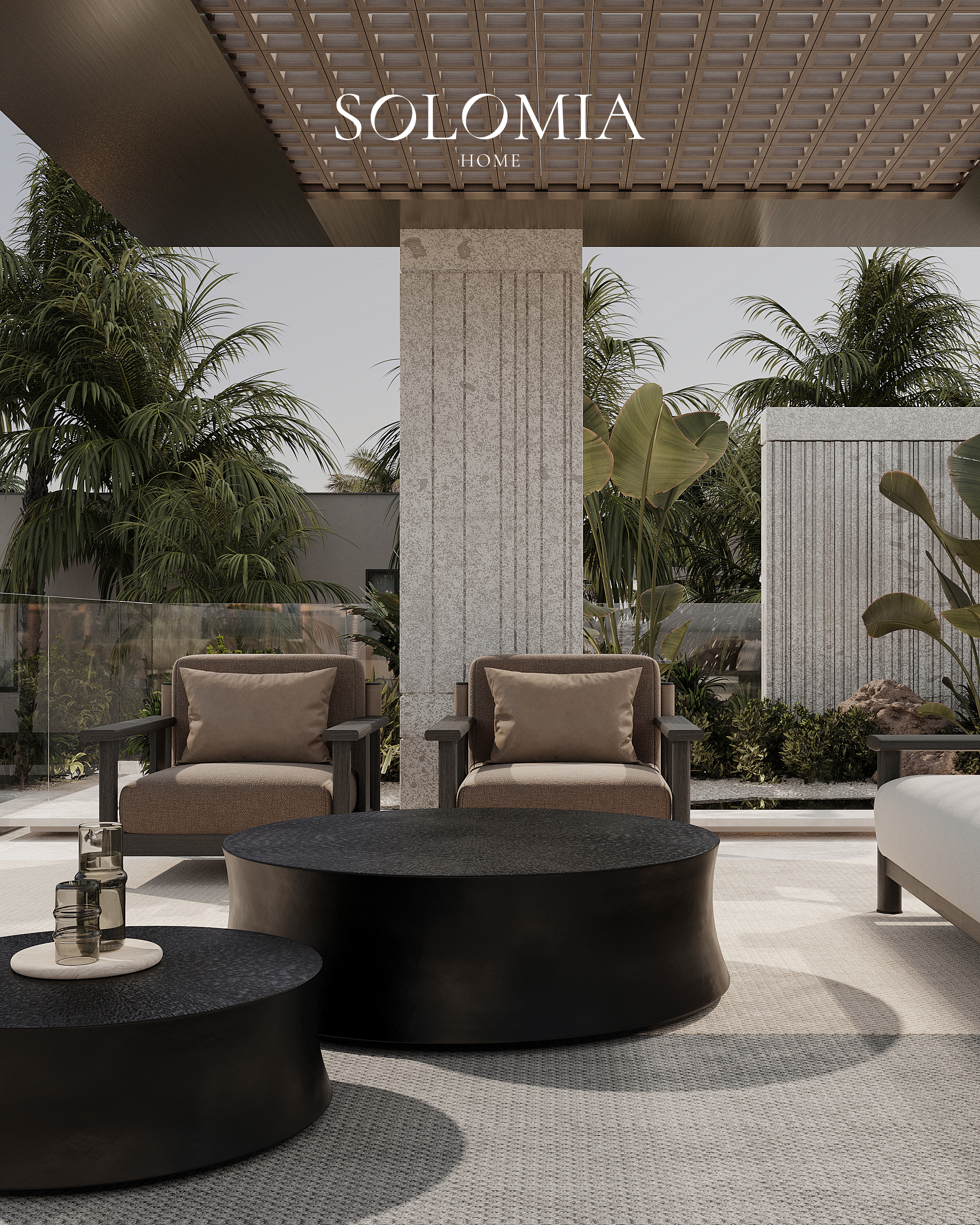 Terrace lounge with round black tables, Villa Project in Keturah Reserve — villa exterior design Dubai