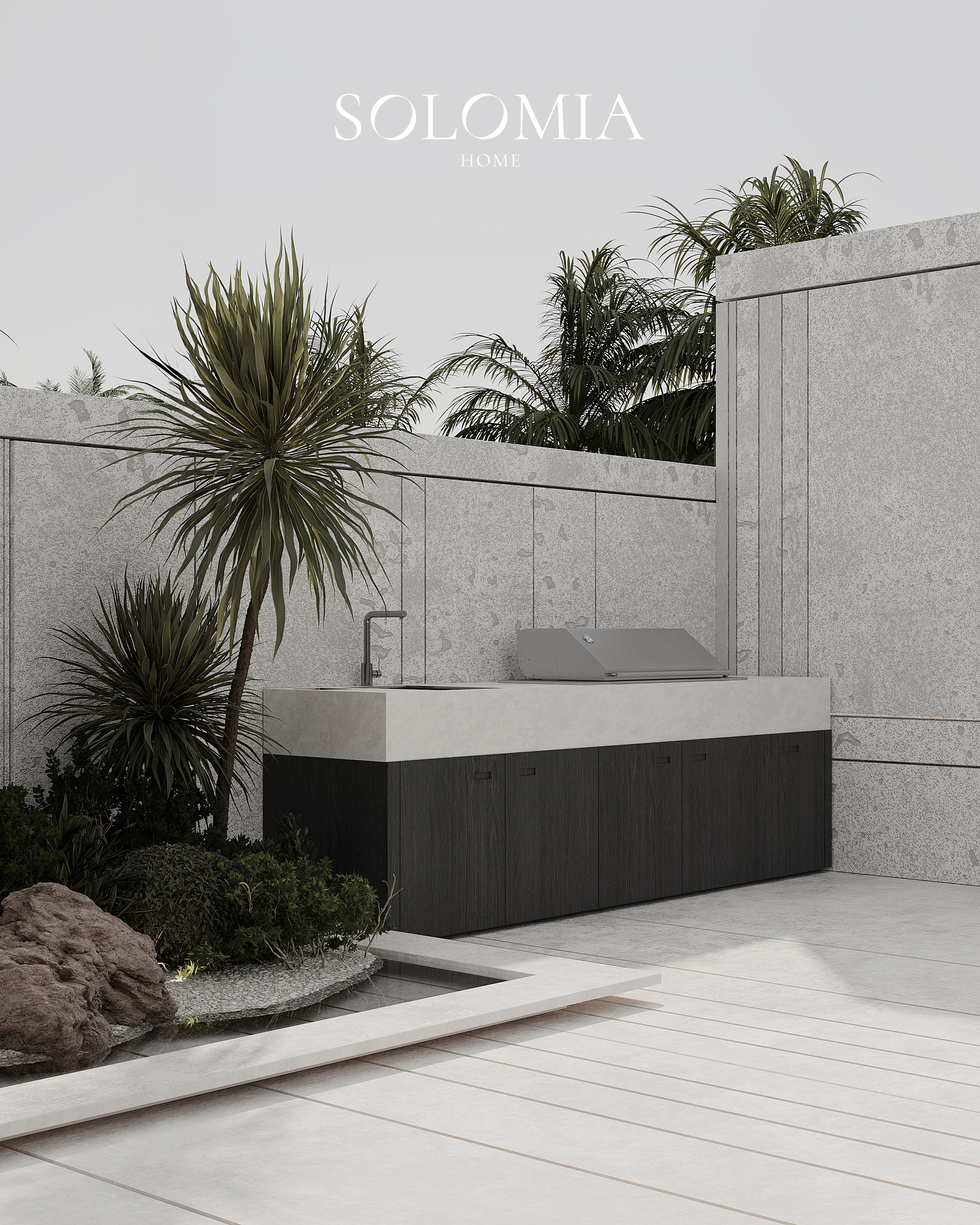 Outdoor kitchen with stone wall, Villa Project in Keturah Reserve — villa exterior design Dubai