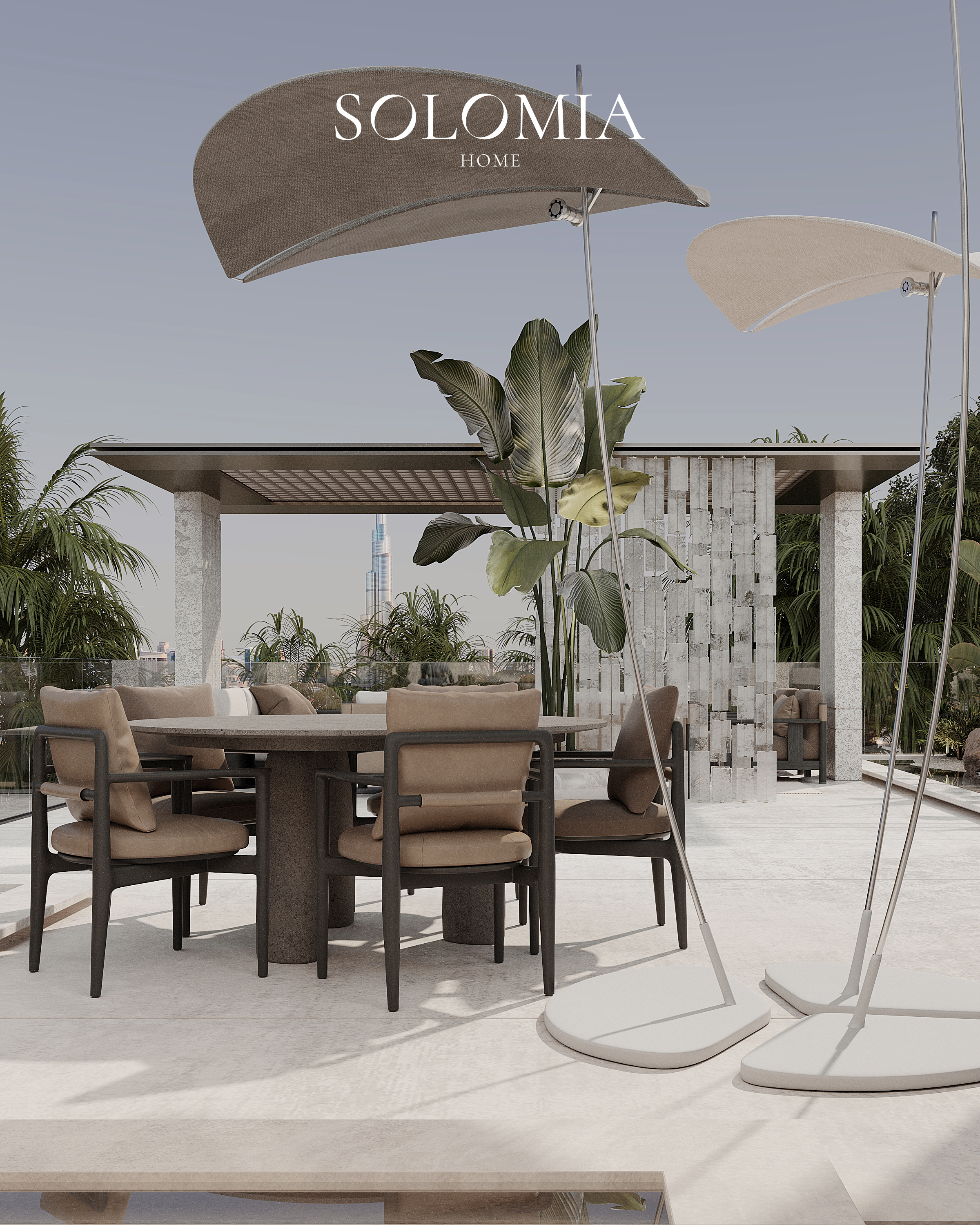 Terrace dining with parasols, Villa Project in Keturah Reserve — villa exterior design Dubai