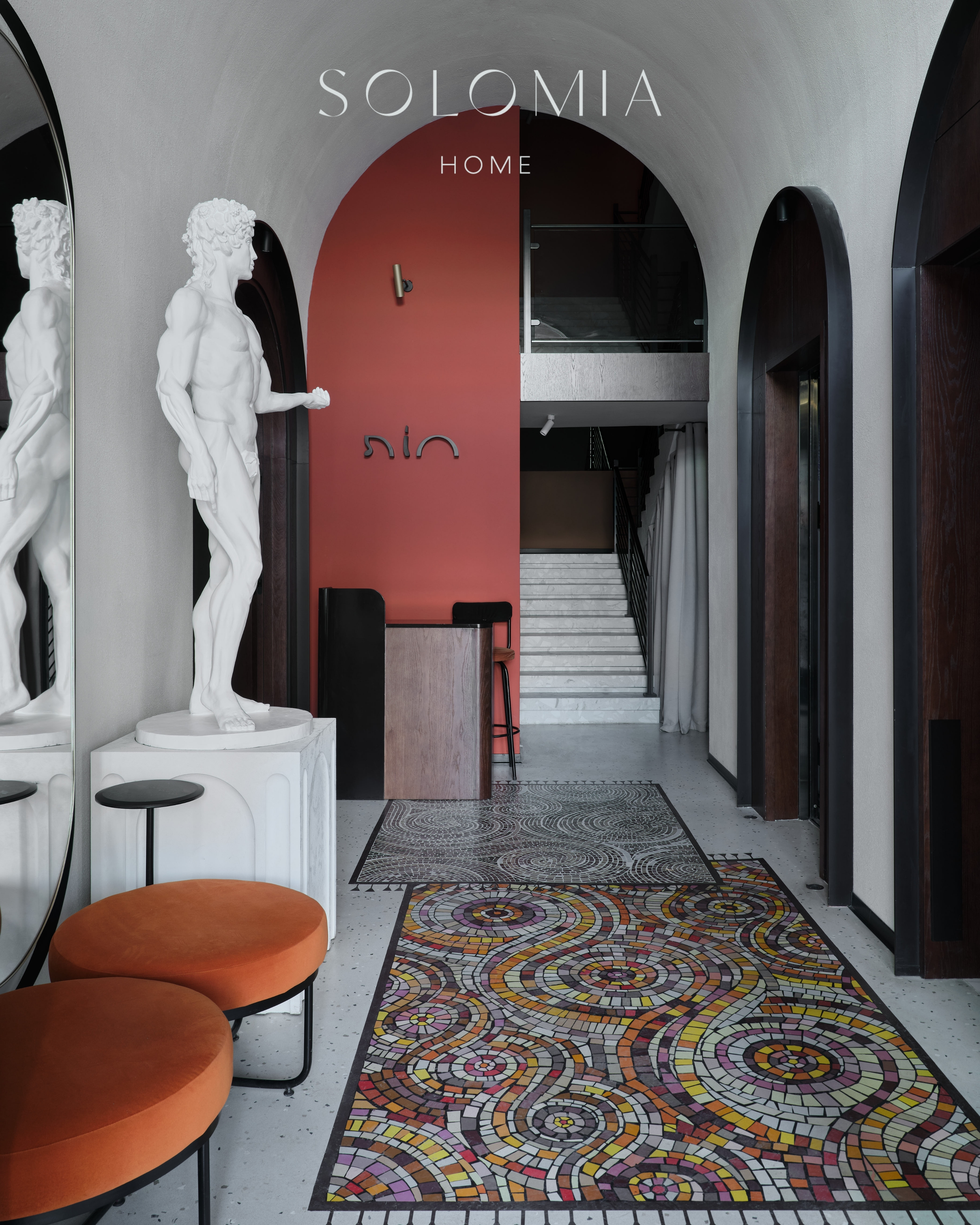 Restaurant entrance with statue and mosaic floor, Restaurant Dio Grand Cafe — restaurant interior design Astana