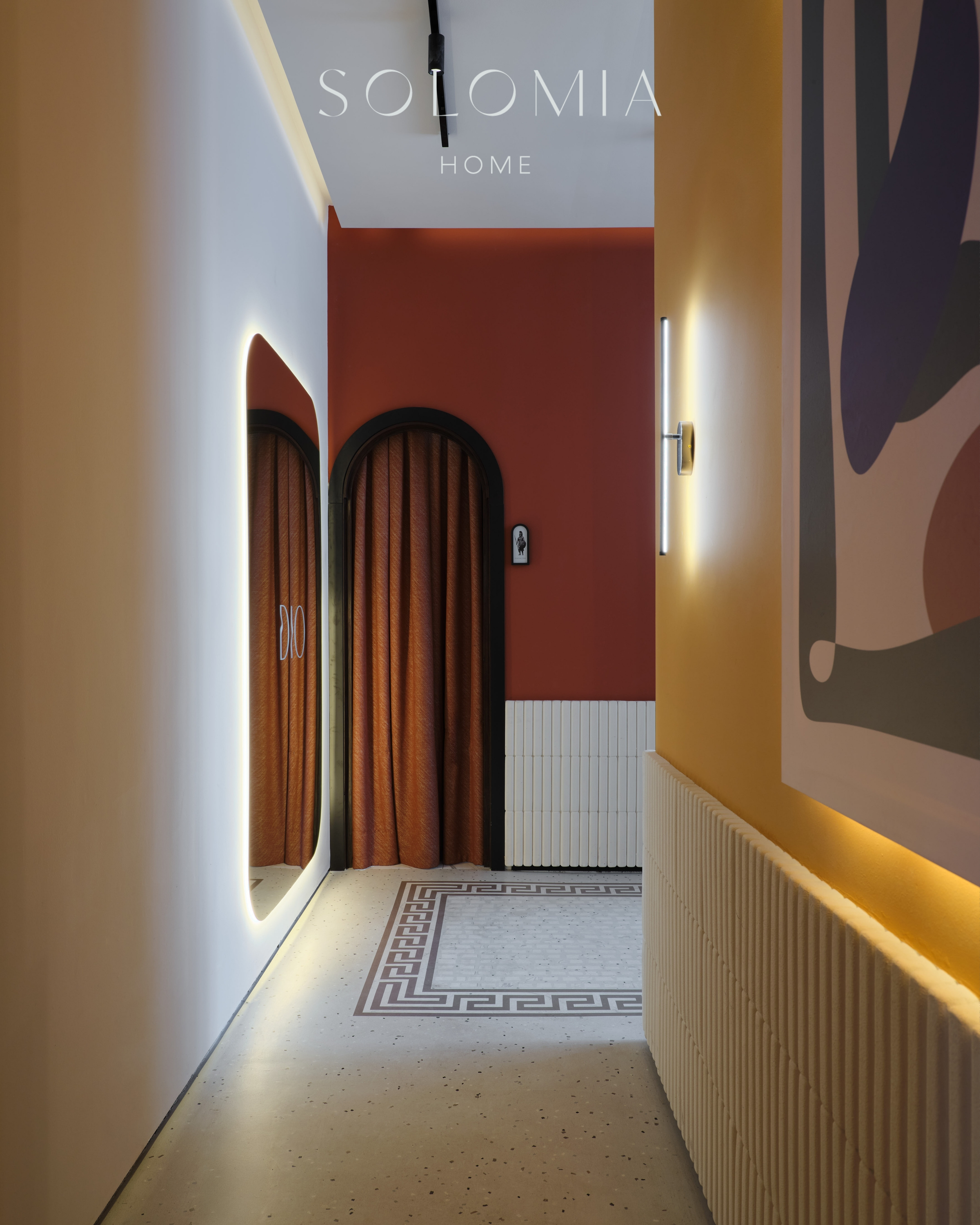 Corridor with arched mirror and curtains, Restaurant Dio Grand Cafe — restaurant interior design Astana