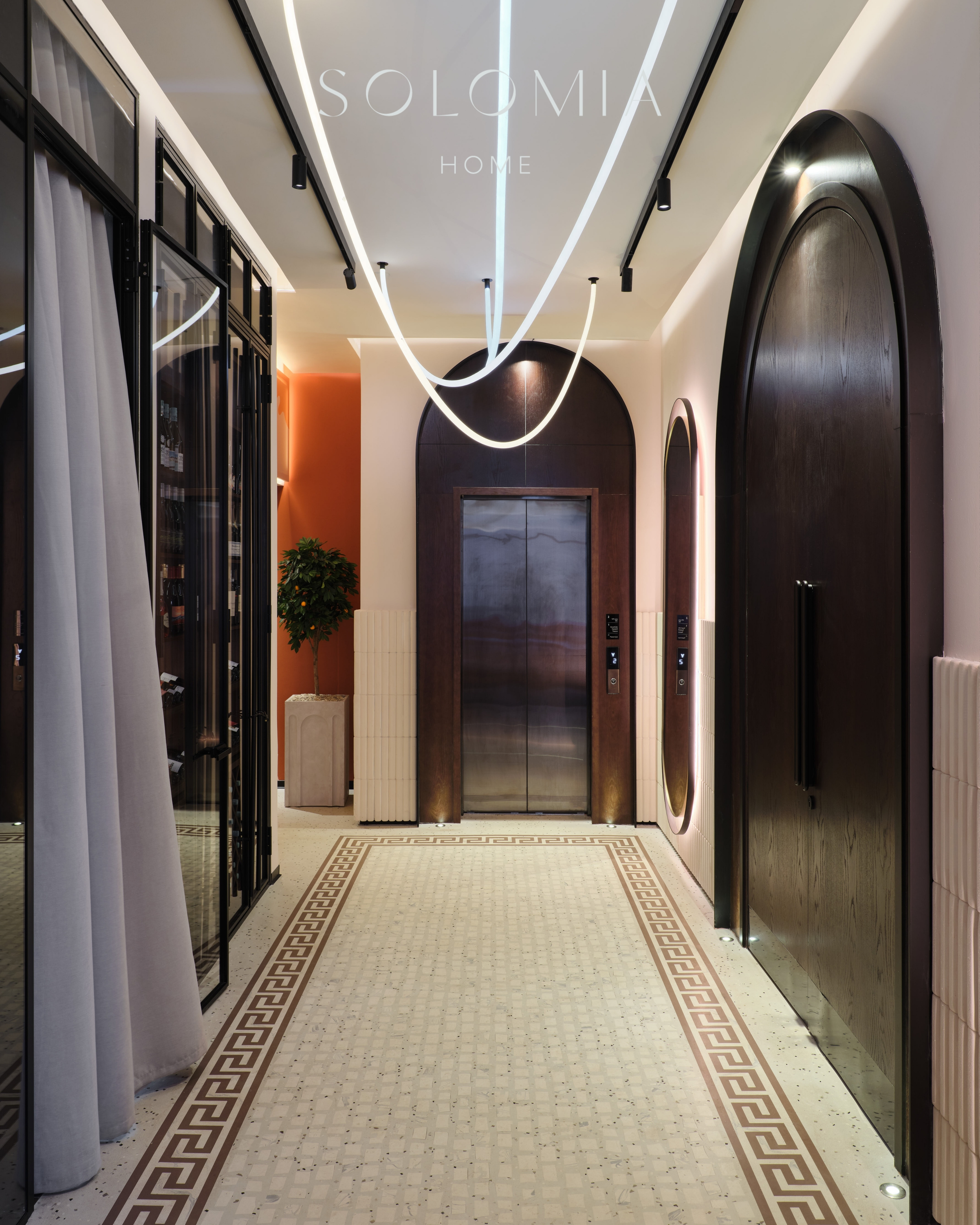 Corridor with wine cabinet and neon light, Restaurant Dio Grand Cafe — restaurant interior design Astana