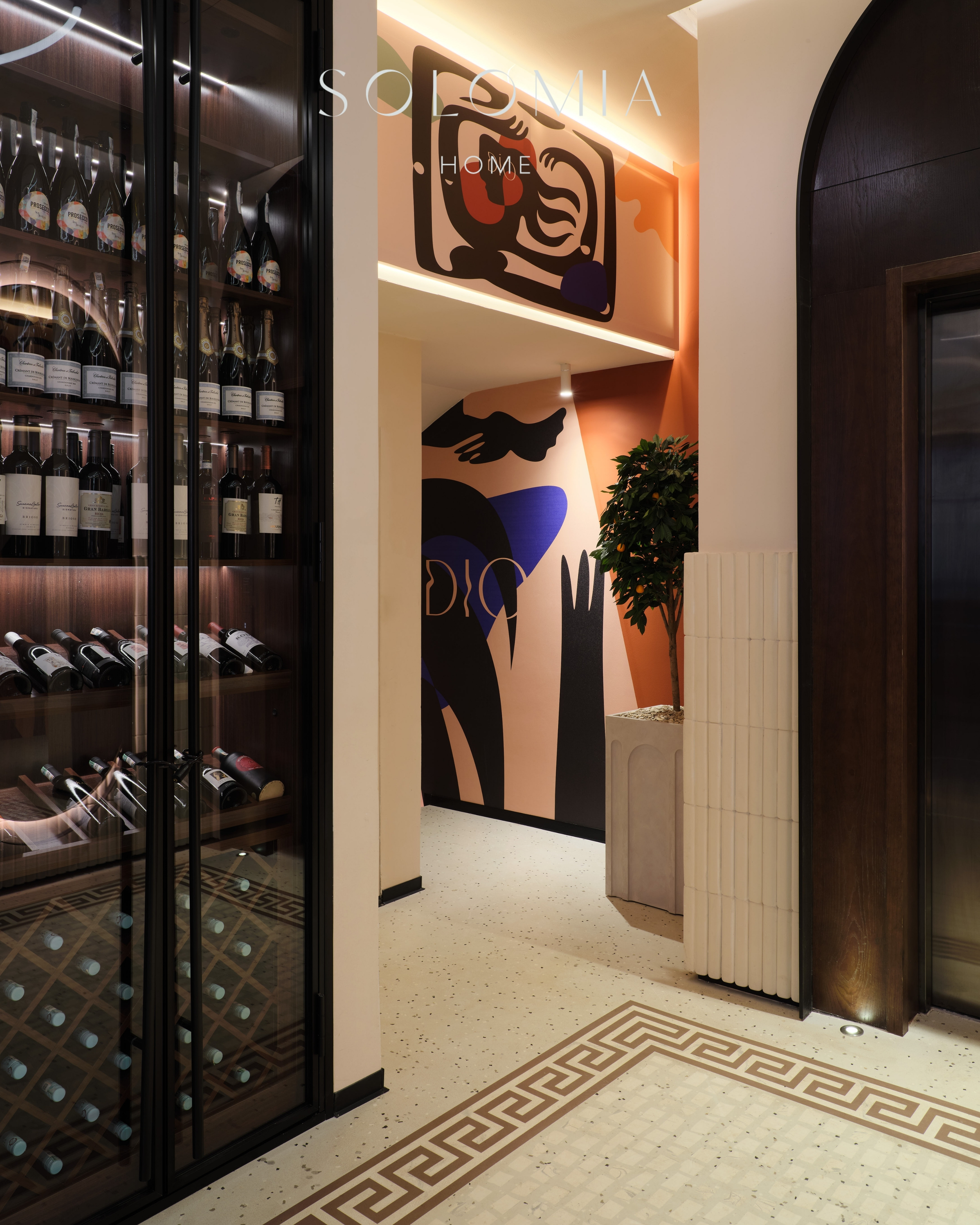 Wine cabinet by the entrance, Restaurant Dio Grand Cafe — restaurant interior design Astana