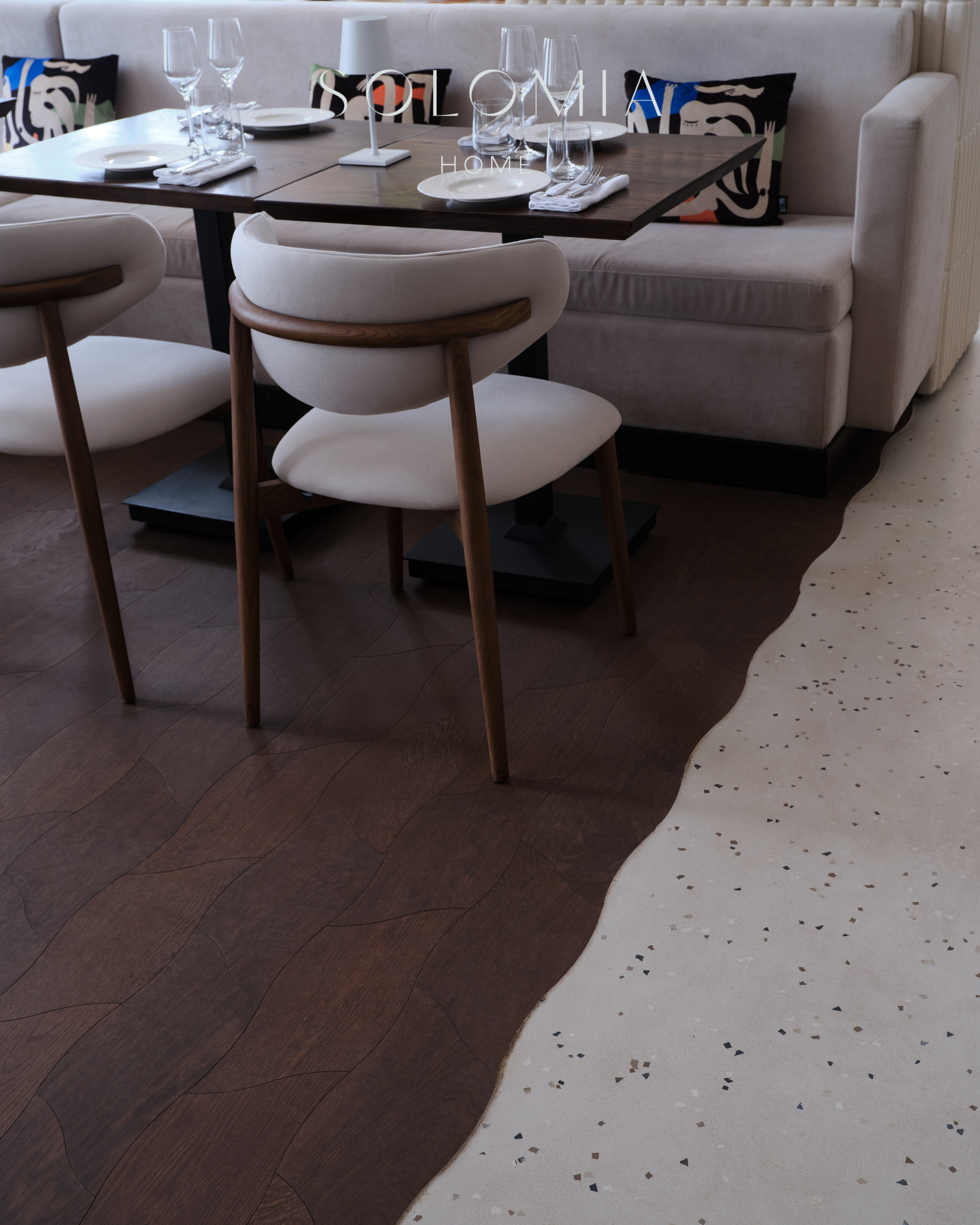 Restaurant table with cushions, Restaurant Dio Grand Cafe — restaurant interior design Astana