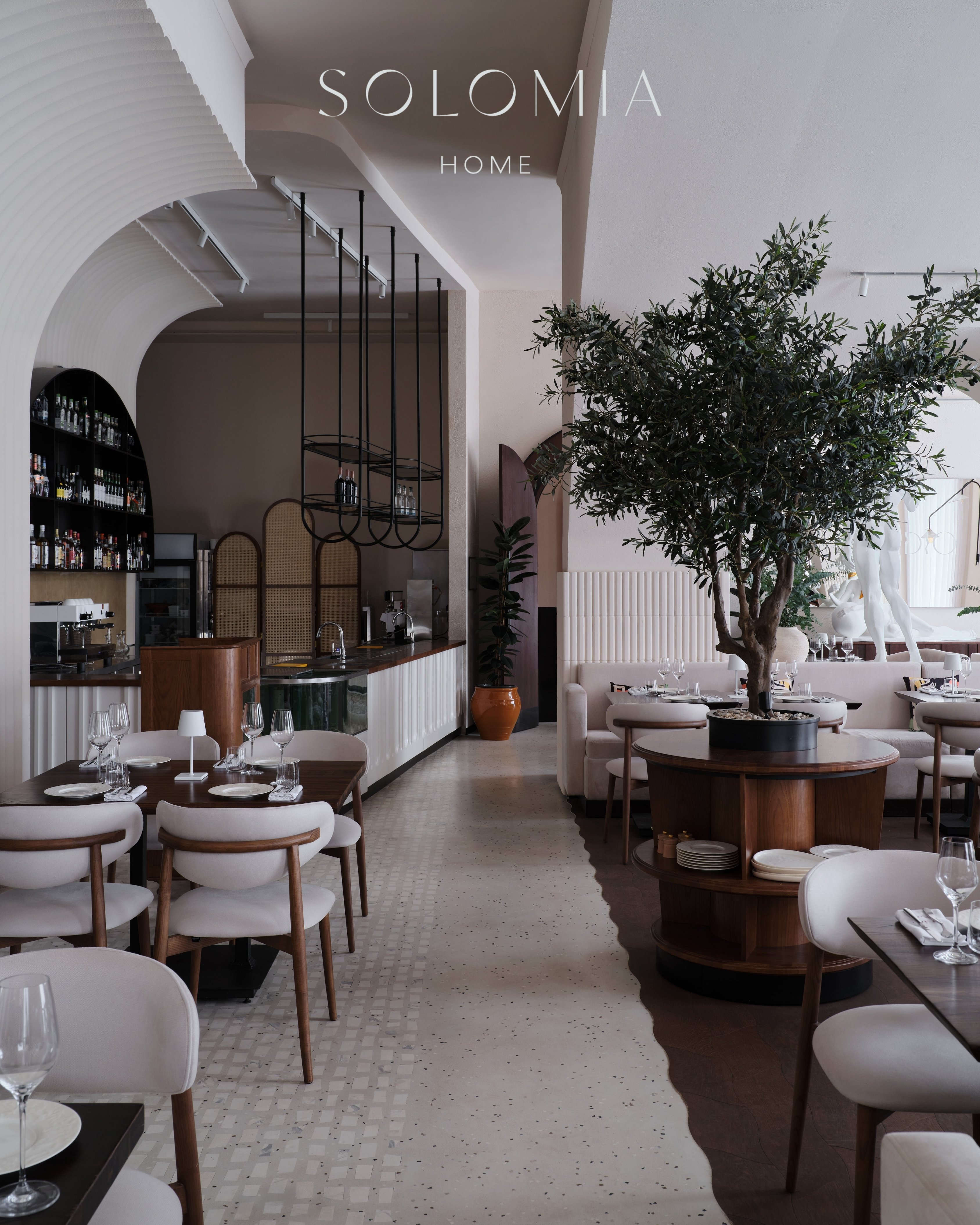 Restaurant hall with olive tree and bar, Restaurant Dio Grand Cafe — restaurant interior design Astana