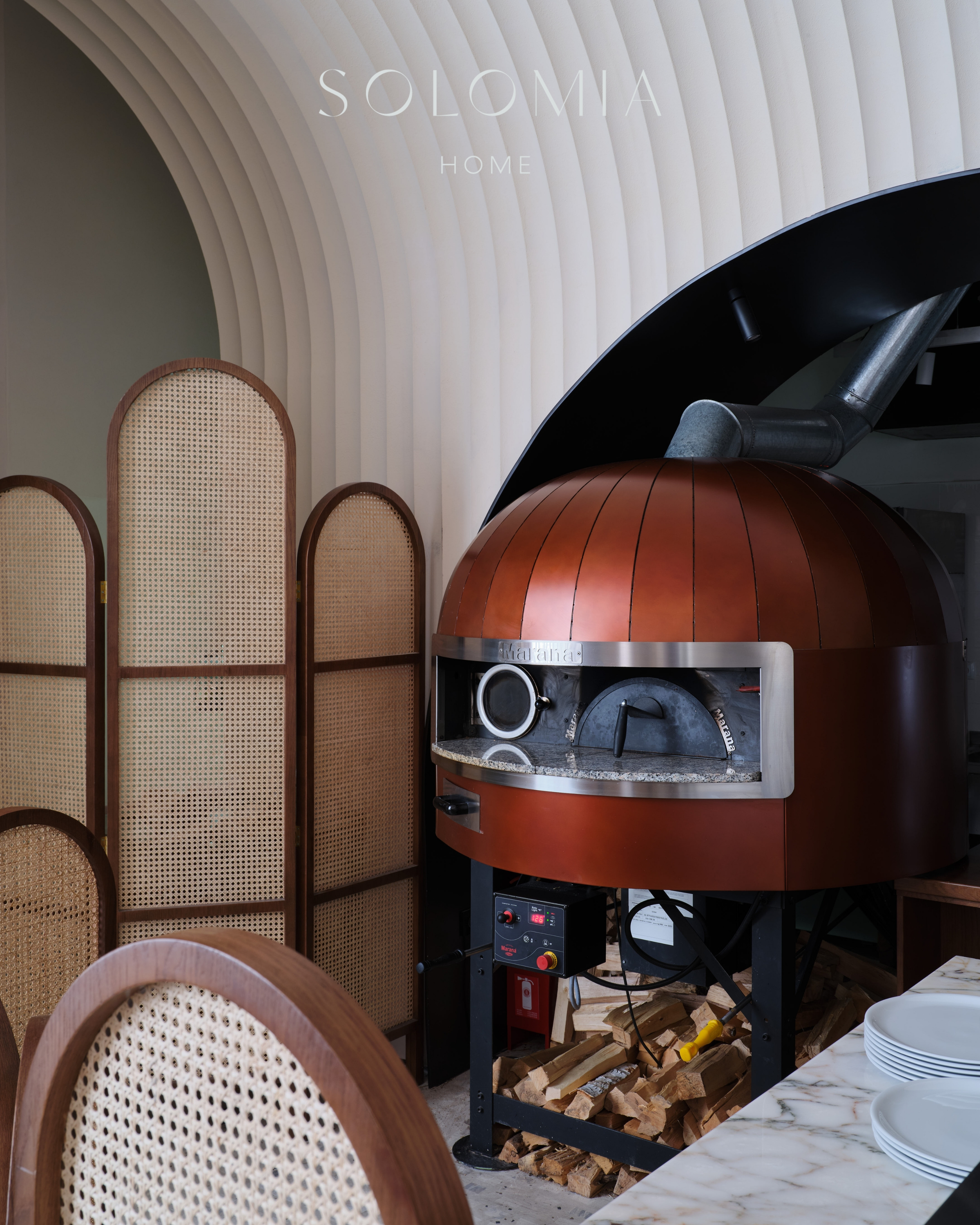 Copper pizza oven with rattan screens, Restaurant Dio Grand Cafe — restaurant interior design Astana