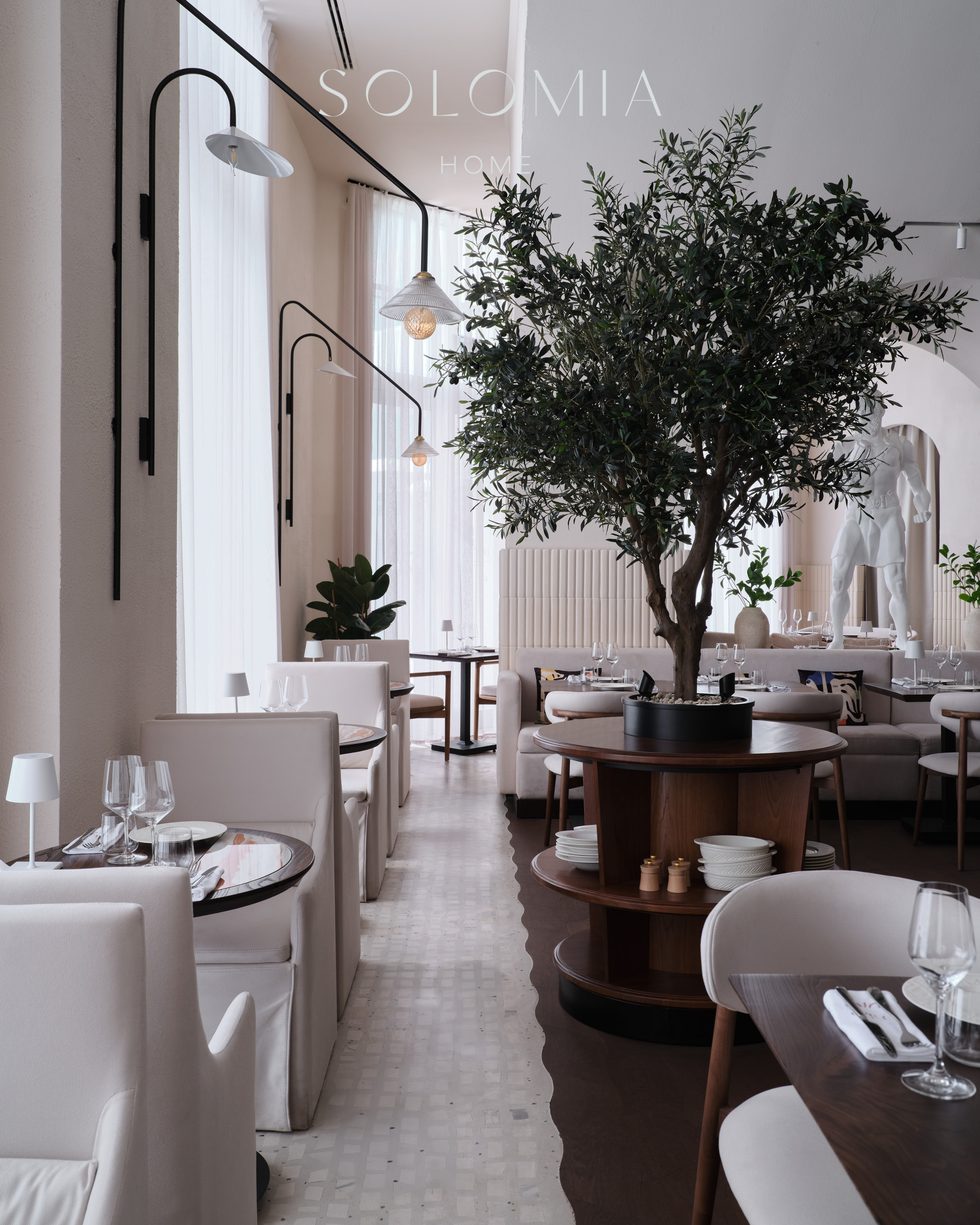Restaurant hall with olive tree, Restaurant Dio Grand Cafe — restaurant interior design Astana