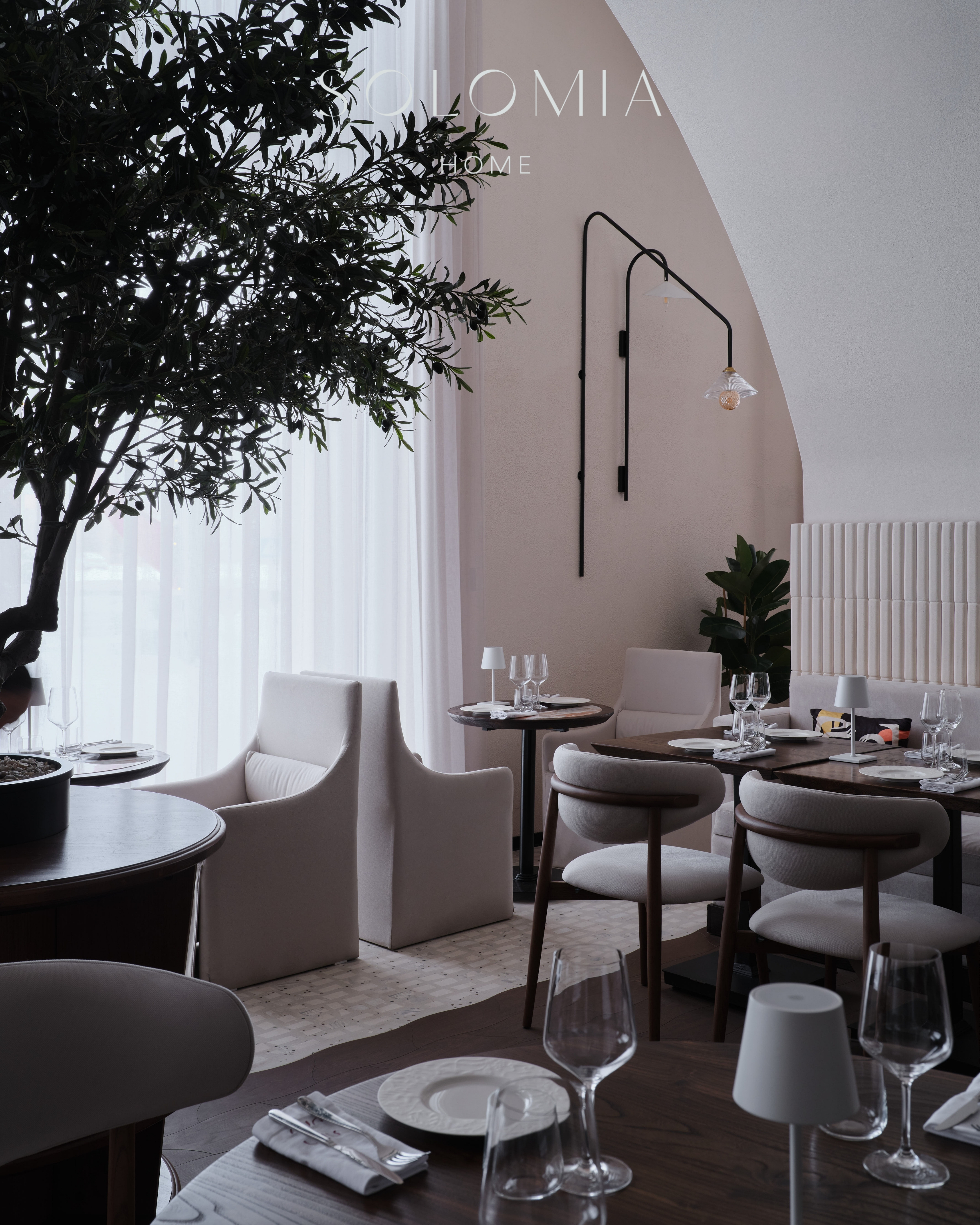 Restaurant tables with olive tree, Restaurant Dio Grand Cafe — restaurant interior design Astana