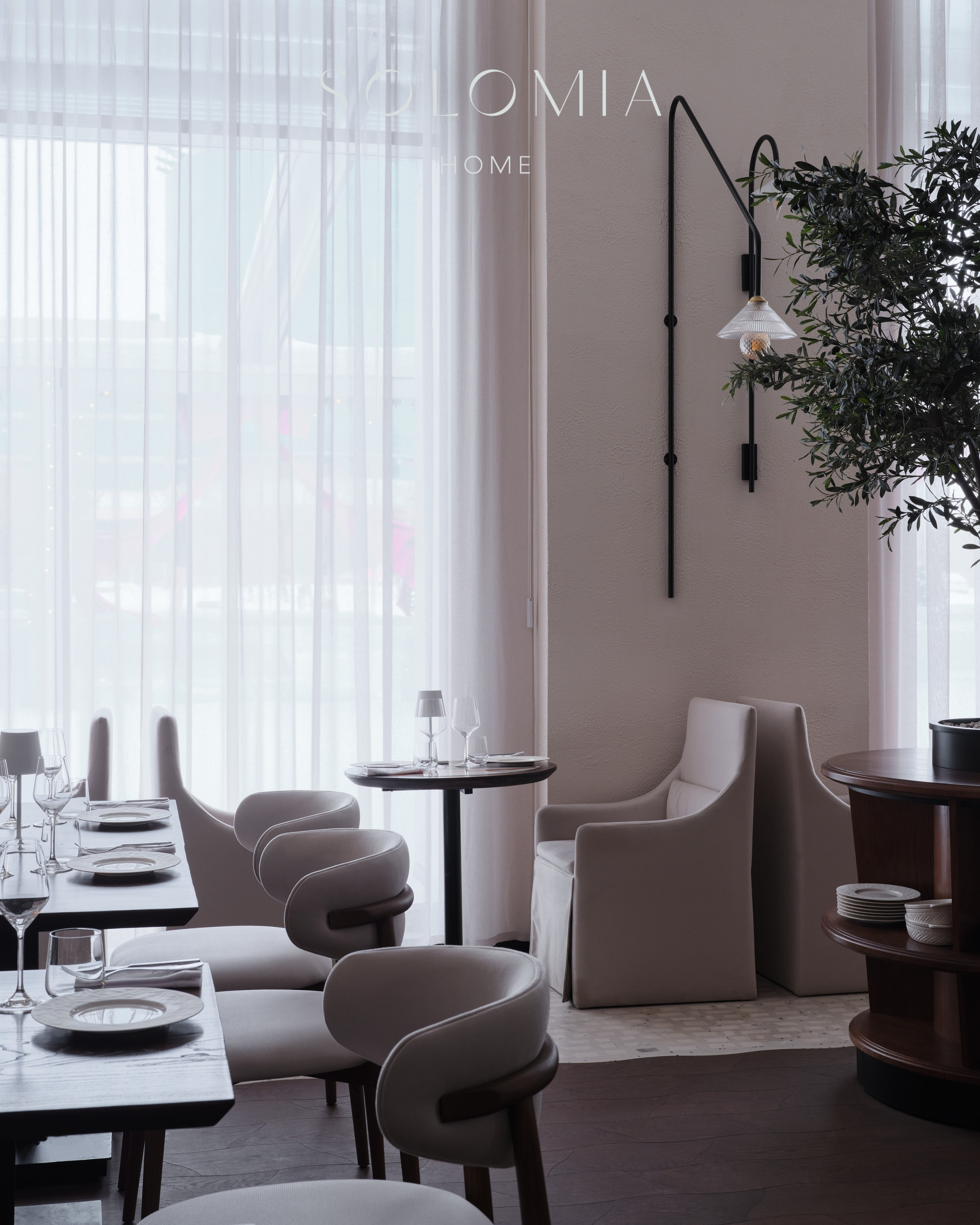 Dining area with sheer curtains, Restaurant Dio Grand Cafe — restaurant interior design Astana
