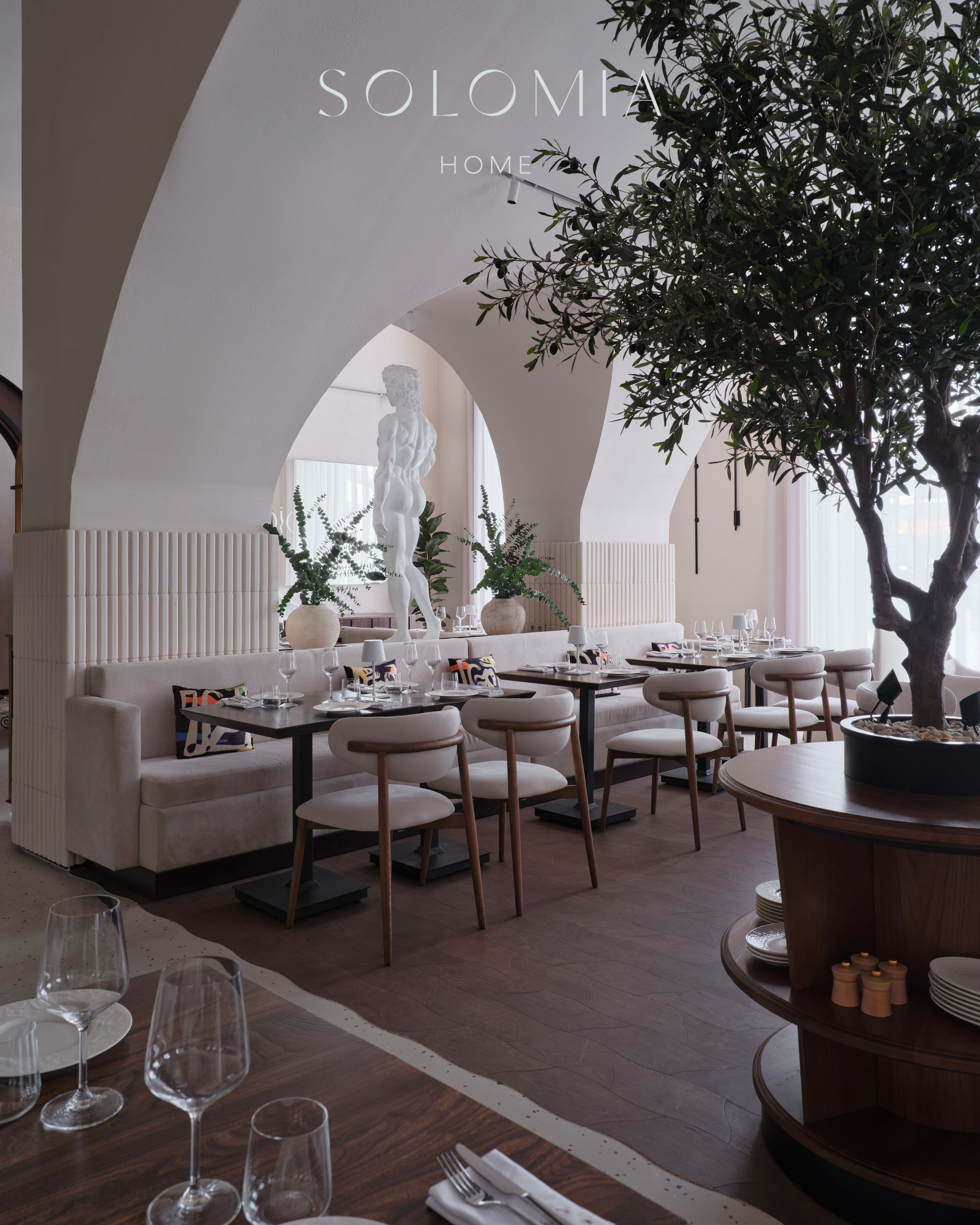 Restaurant hall with olive tree and statue, Restaurant Dio Grand Cafe — restaurant interior design Astana