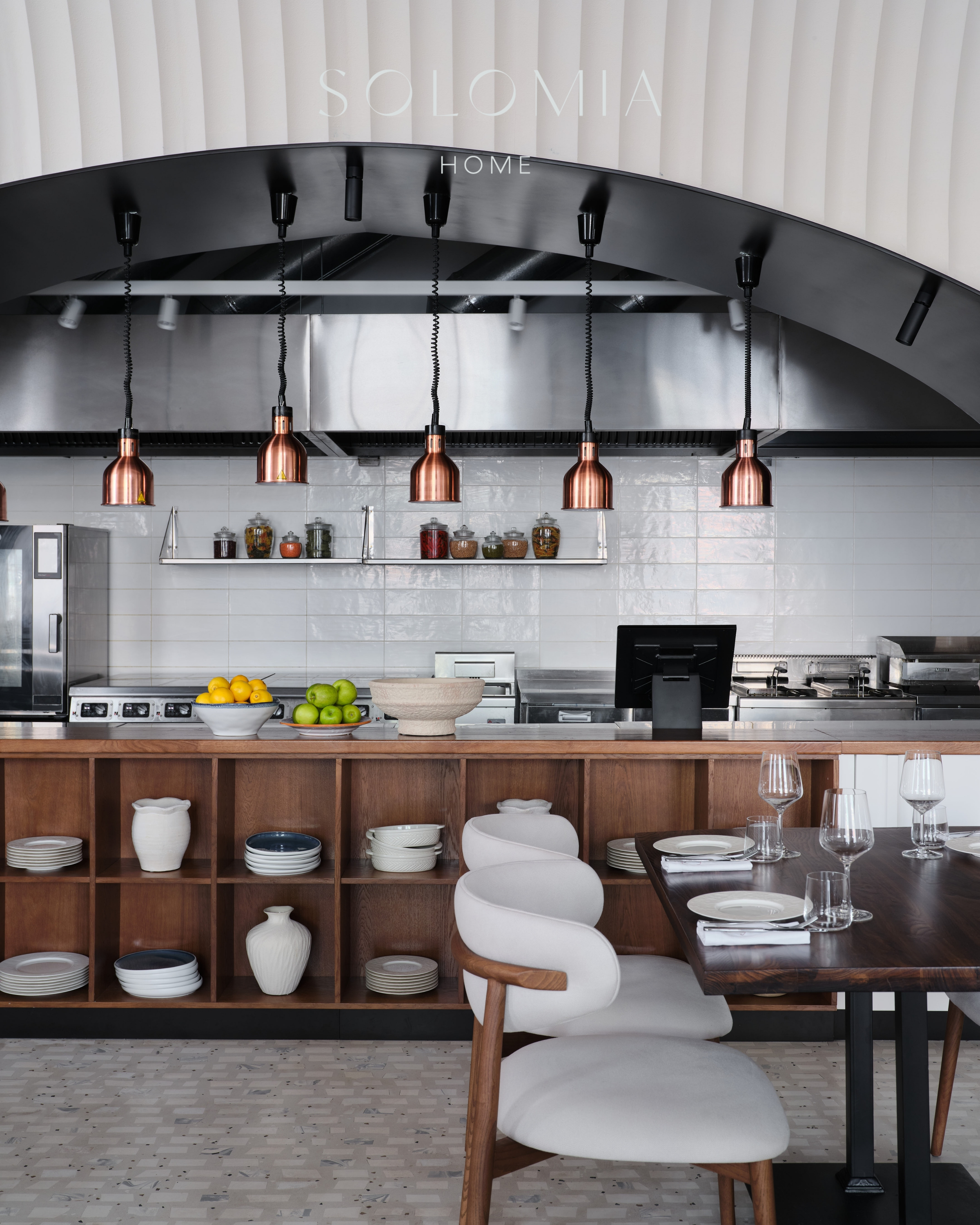 Open kitchen with copper pendant lights, Restaurant Dio Grand Cafe — restaurant interior design Astana