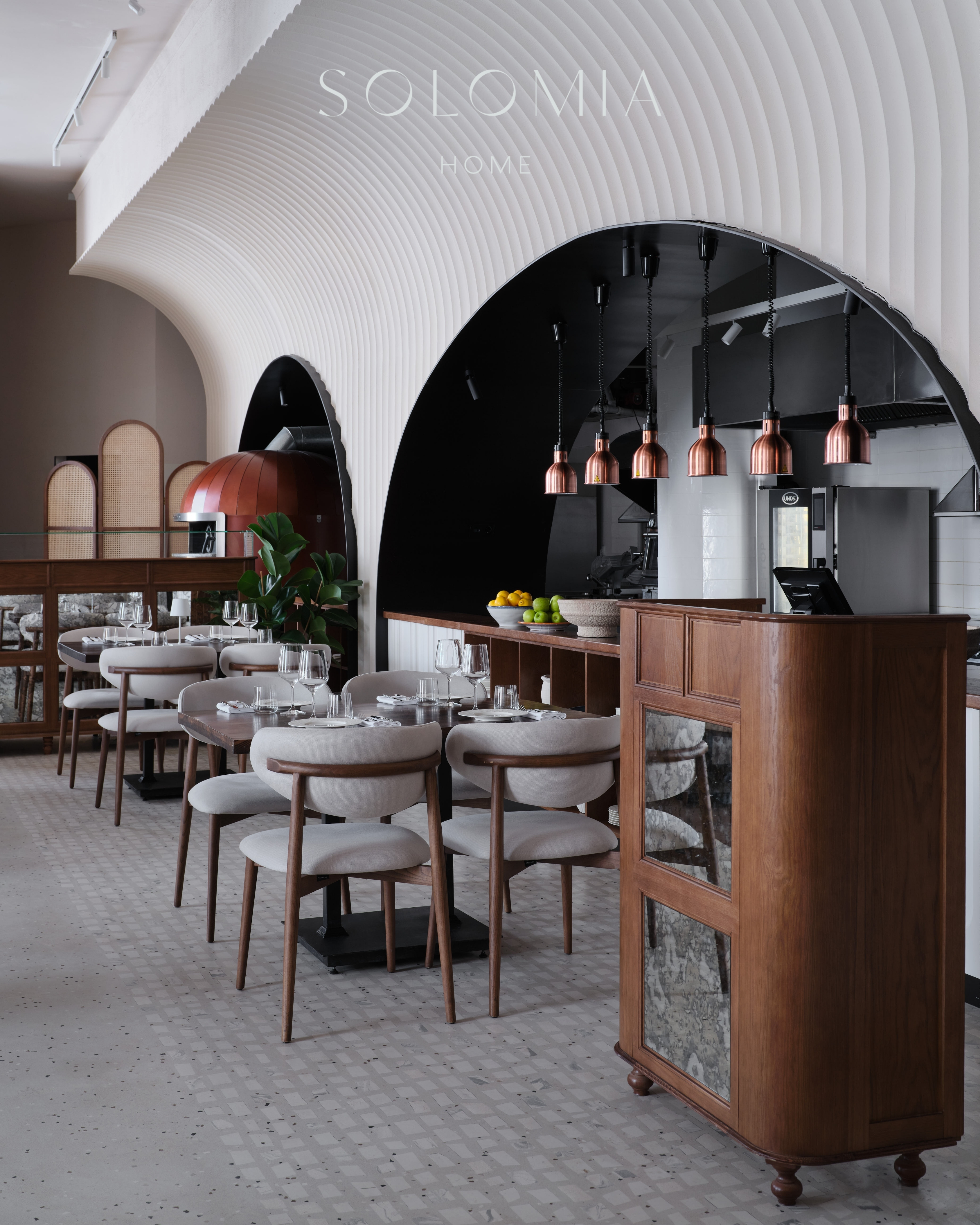 Restaurant hall with arched open kitchen, Restaurant Dio Grand Cafe — restaurant interior design Astana