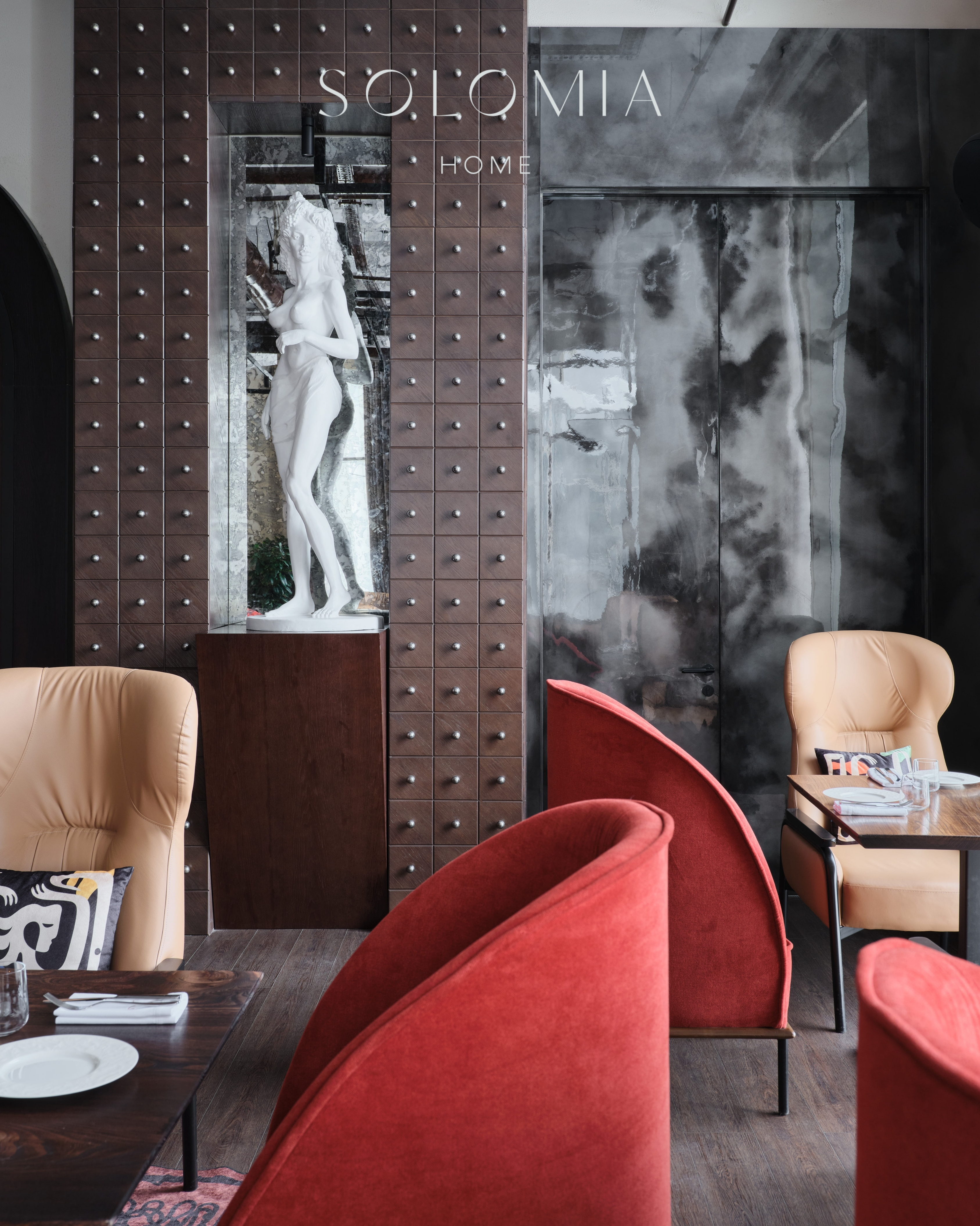 Lounge with red velvet chairs and sculpture, Restaurant Dio Grand Cafe — restaurant interior design Astana