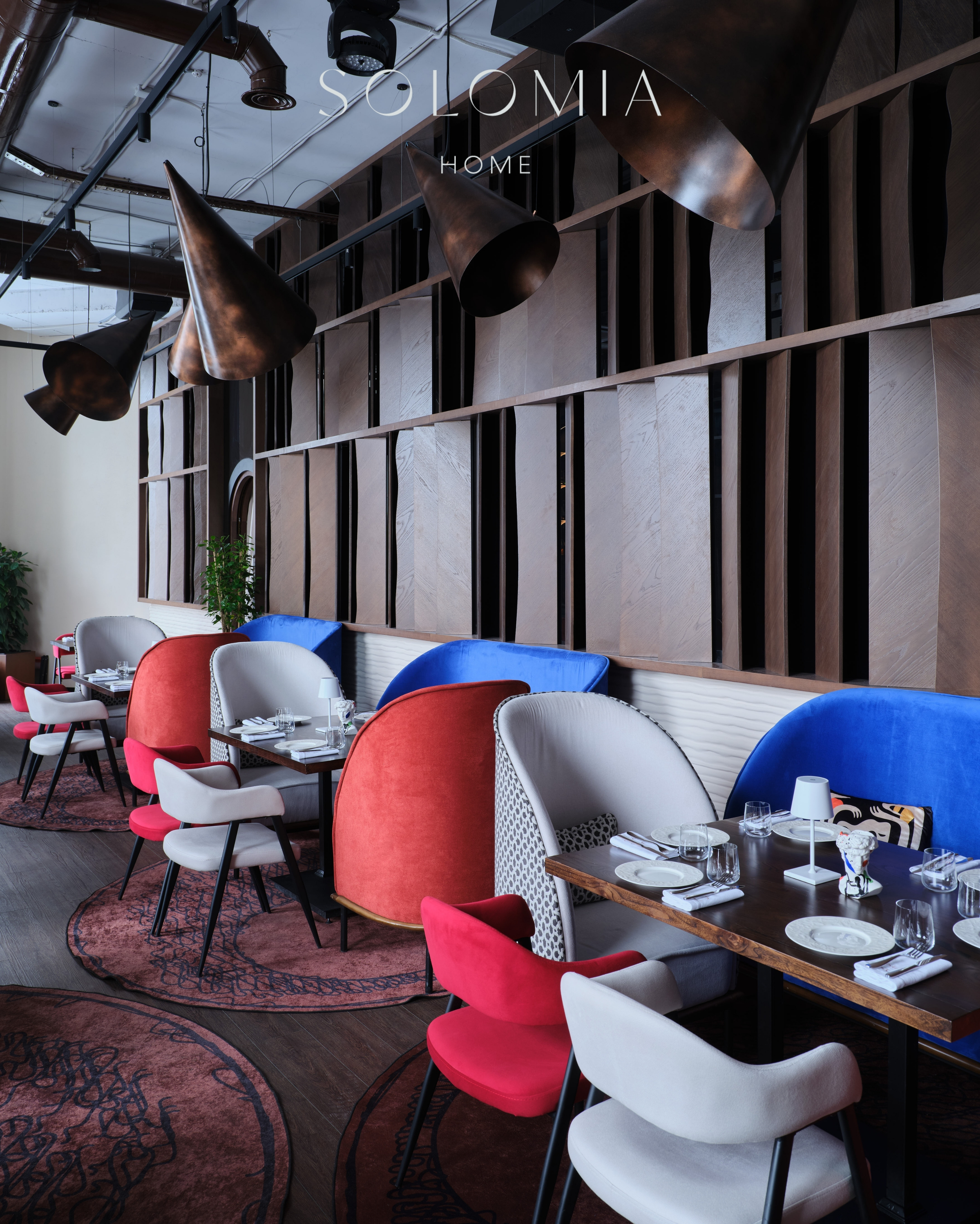 Dining hall with blue banquettes and copper lamps, Restaurant Dio Grand Cafe — restaurant interior design Astana